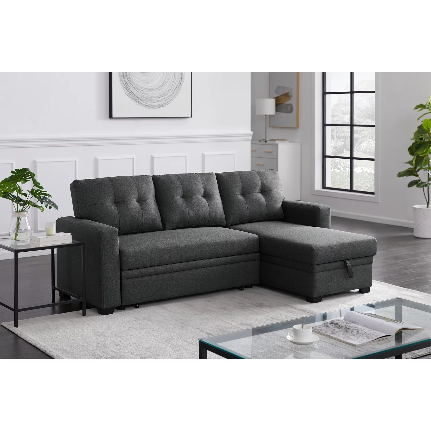 Devion Furniture Polyester Fabric Reversible Sleeper Sectional Sofa-Dark Gray