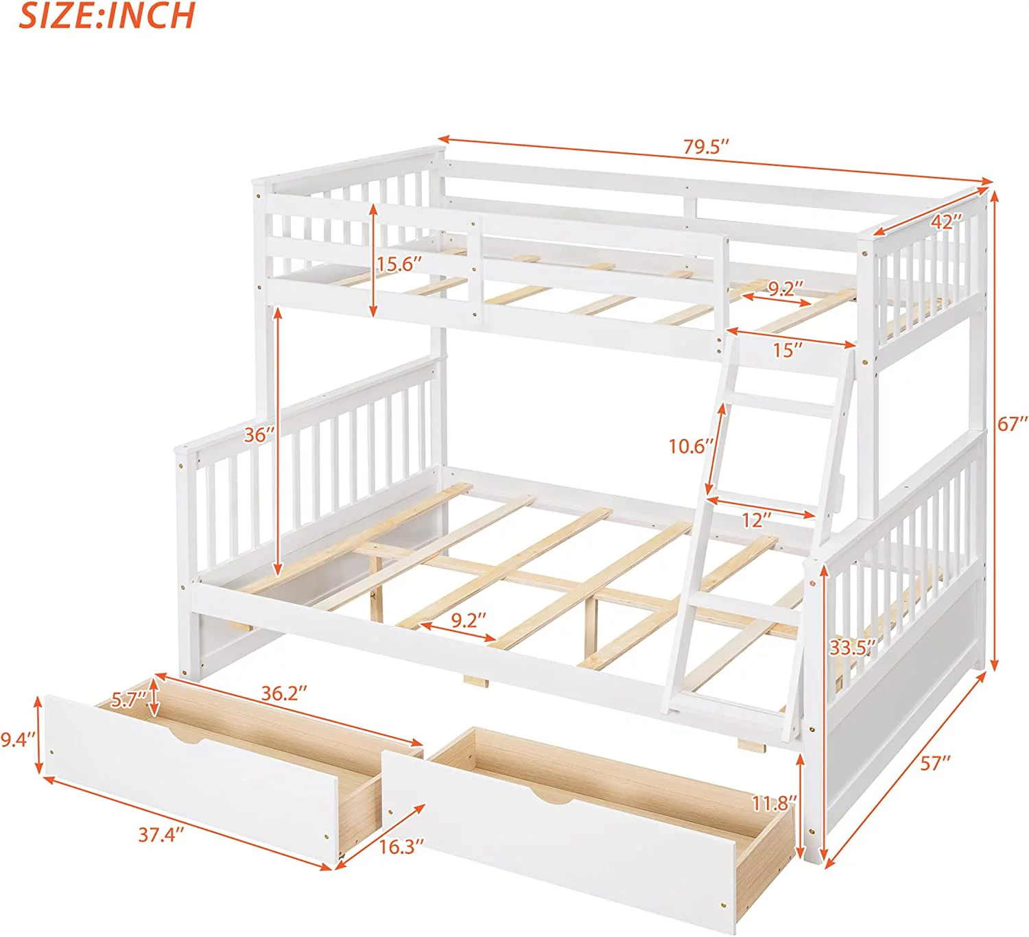 Over Full Bunk Bed With Storage Drawers, Solid Pine Wood Frame And Ladder With Guard Rails For Kids, Teens, Boys And Girls, No Box Spring Needed, Bunk Bed White