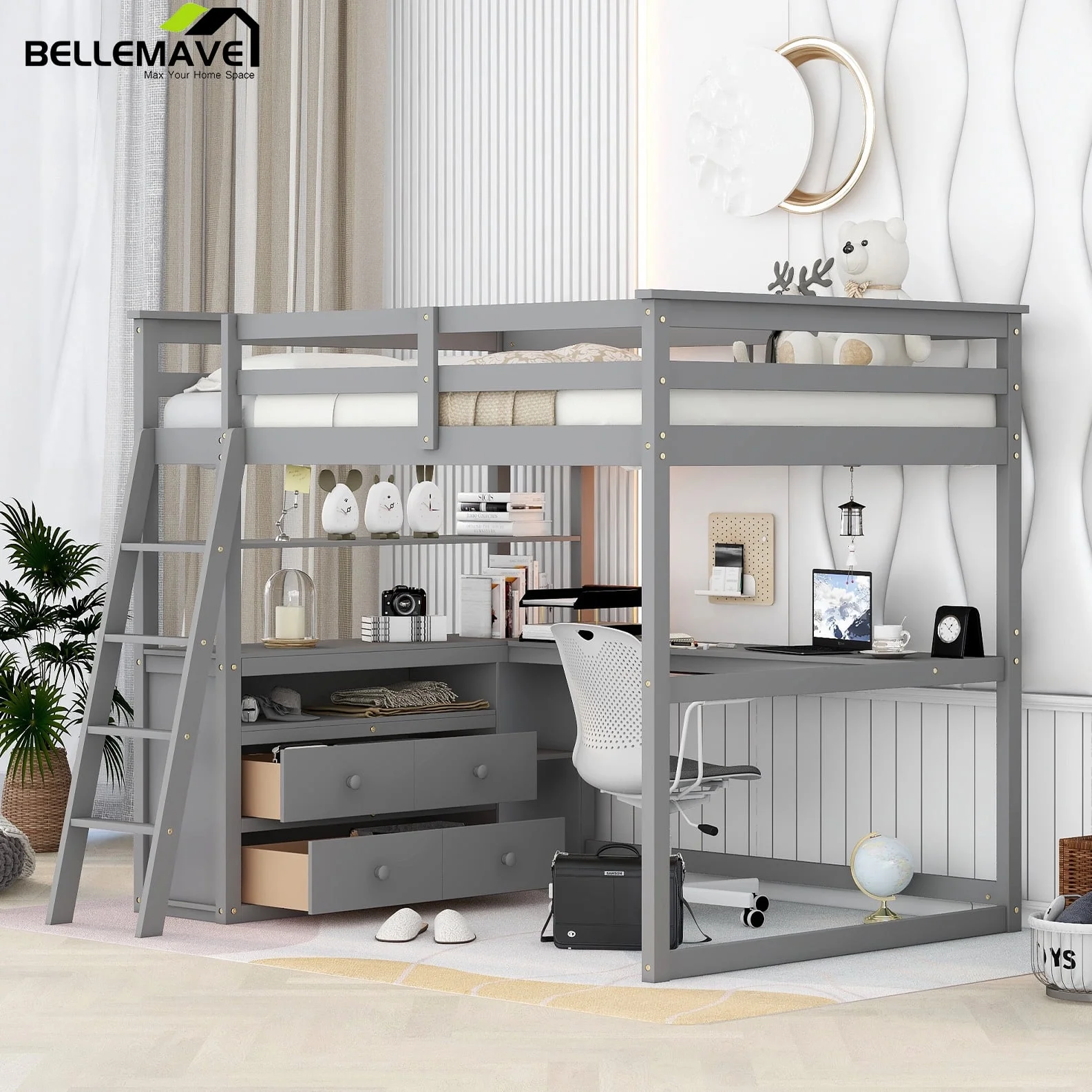 Bellemave Full Size Loft Bed with Desk and Storage, Wood Loft Bed Frame with Shelves and Built-In Drawers, High Loft Bed for Kids Teens Adults, Gray