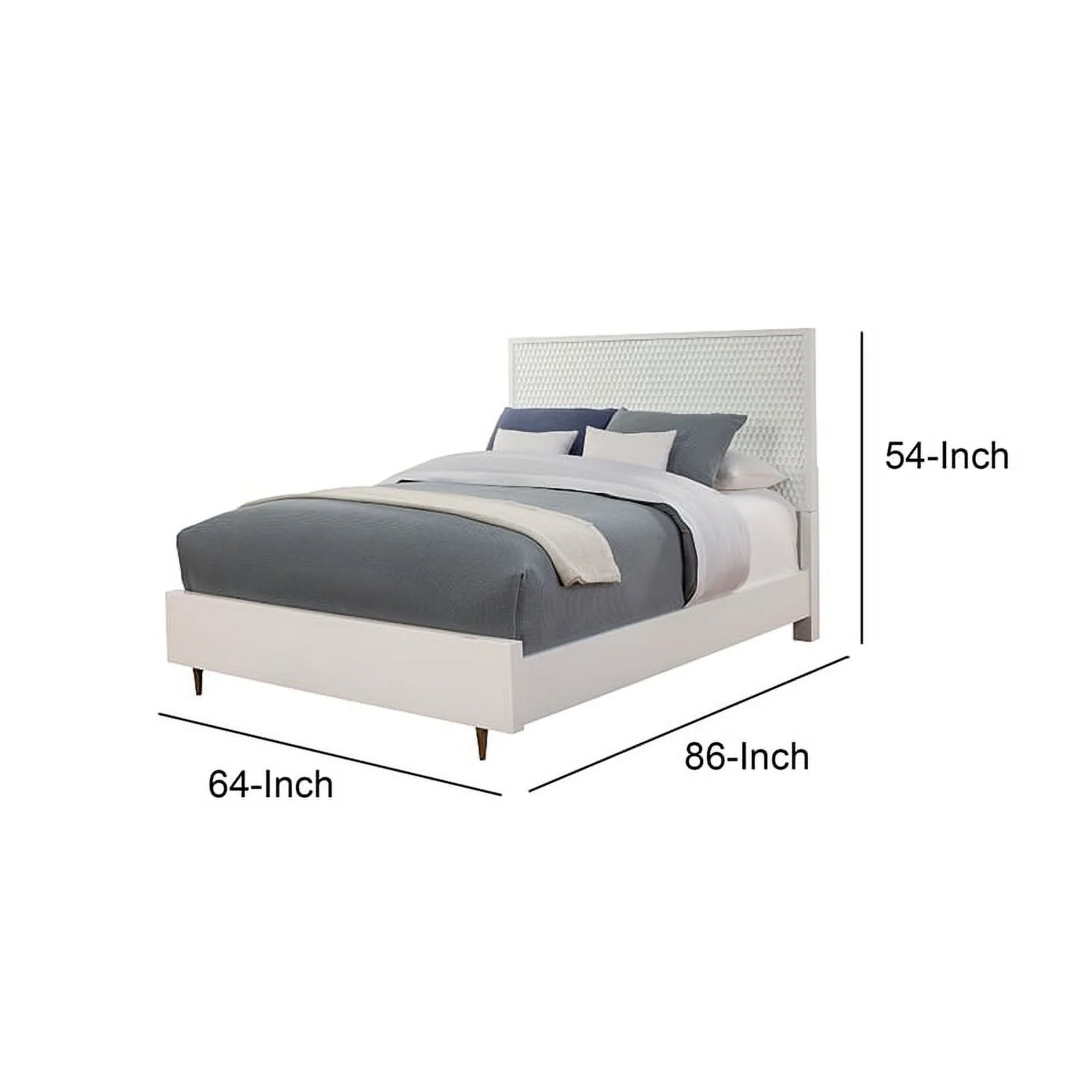 Benjara Wooden Queen Size Bed with Honeycomb Design High Headboard, White