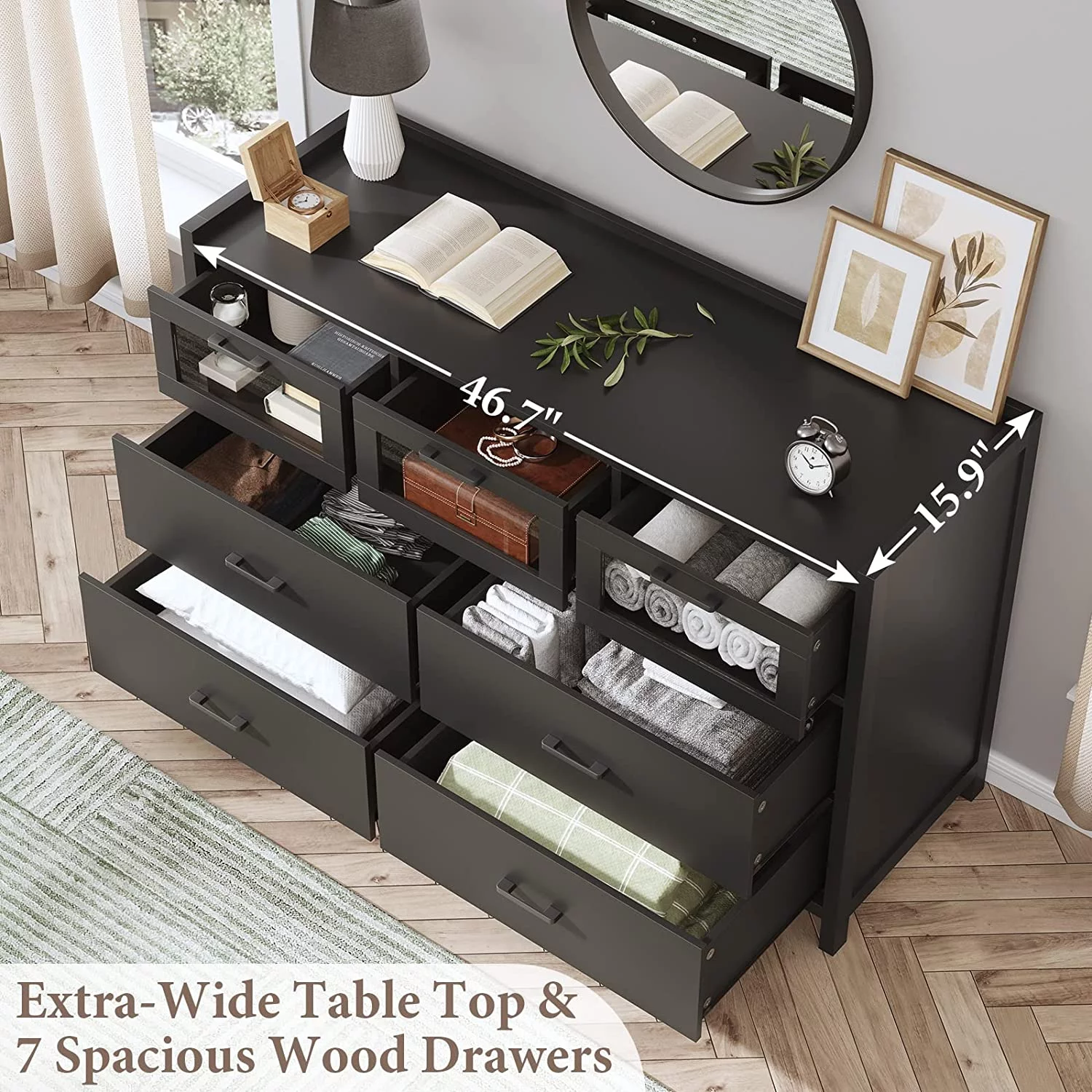 7 Drawers Dresser-Chest of Drawers with LED Lights,Wide Dresser for Bedroom-Storage Dresser for Entryway,Black Wood