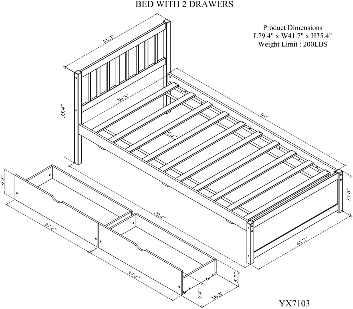 Woode Size Platform Bed With 2 Drawers,Moder Desig Size Platform Bed Frame With Hollow Desig Headboard,Woode Slats Support,White Washed Color
