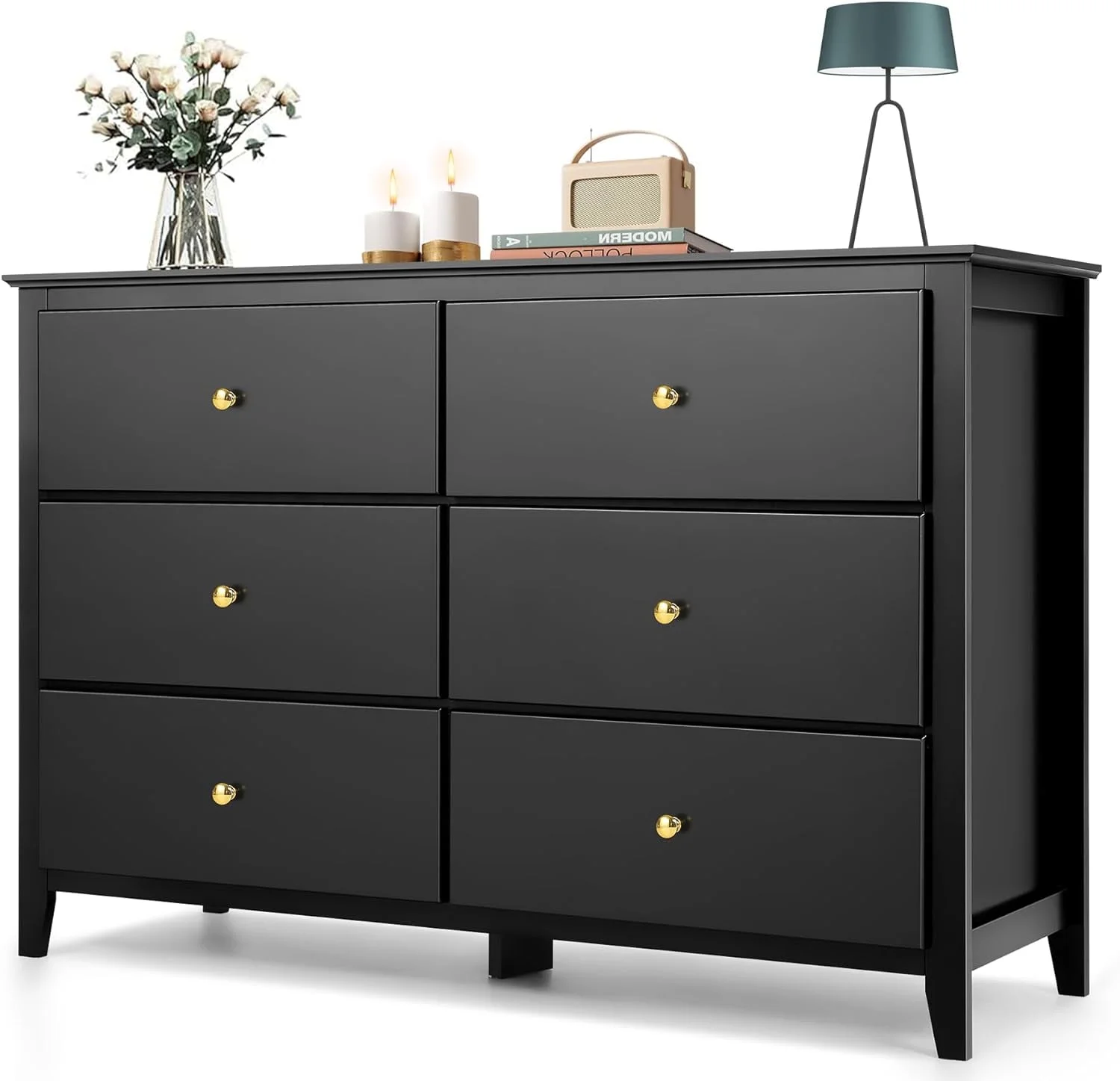 SEJOV Black Double Dresser with 6 Drawer, Modern Chest of Drawers Dreeser for Bedroom, Kids, Wood Storage Organizer Cabinet for Clothing