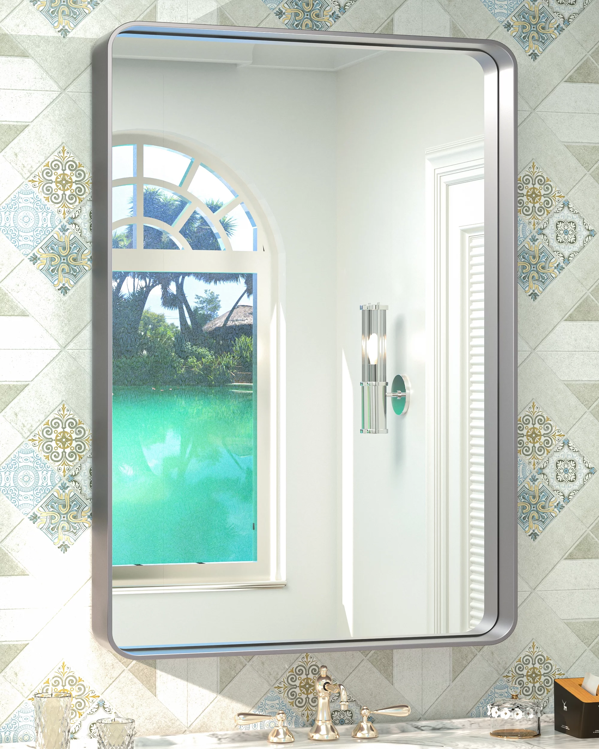 Keonjinn 36 x 24 inch Brushed Nickel Bathroom Mirror for Wall, Silver Metal Rounded Corner Rectangle Vanity Mirror Metal Frame Wall Mount Mirror