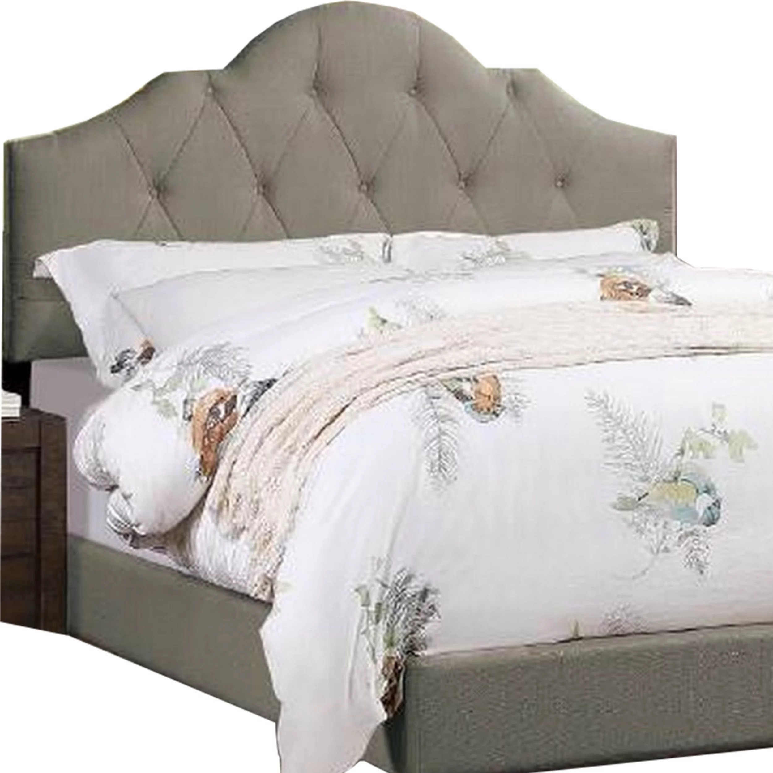 Eni Upholstered Full Size Bed, Tufted Adjustable Headboard, Gray Fabric- Saltoro Sherpi