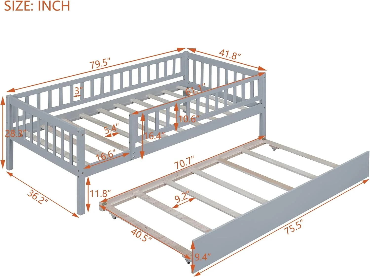 Size Wood Daybed, Day Bed Frames With Trudle Ad Safety Fece Guardrails For Bedroom Livig Room Kids Adults,Gray