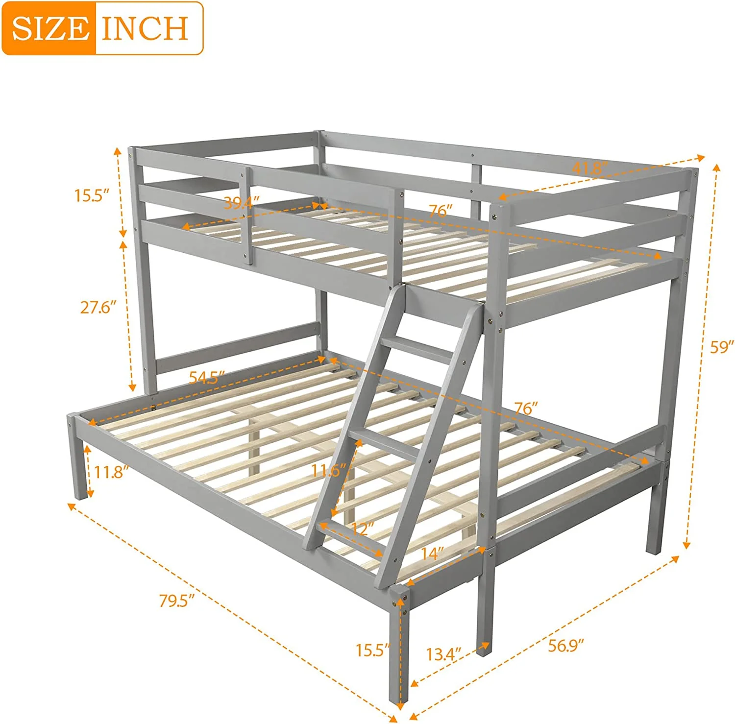 Twin Over Full Bunk Bed,Solid Pinewood Bunkbed with Safety Guardrails and ladders for Kids/Teen/Adults,Can Be Separated Into Twin/Full Size Bed,No Box Spring Needed,Grey