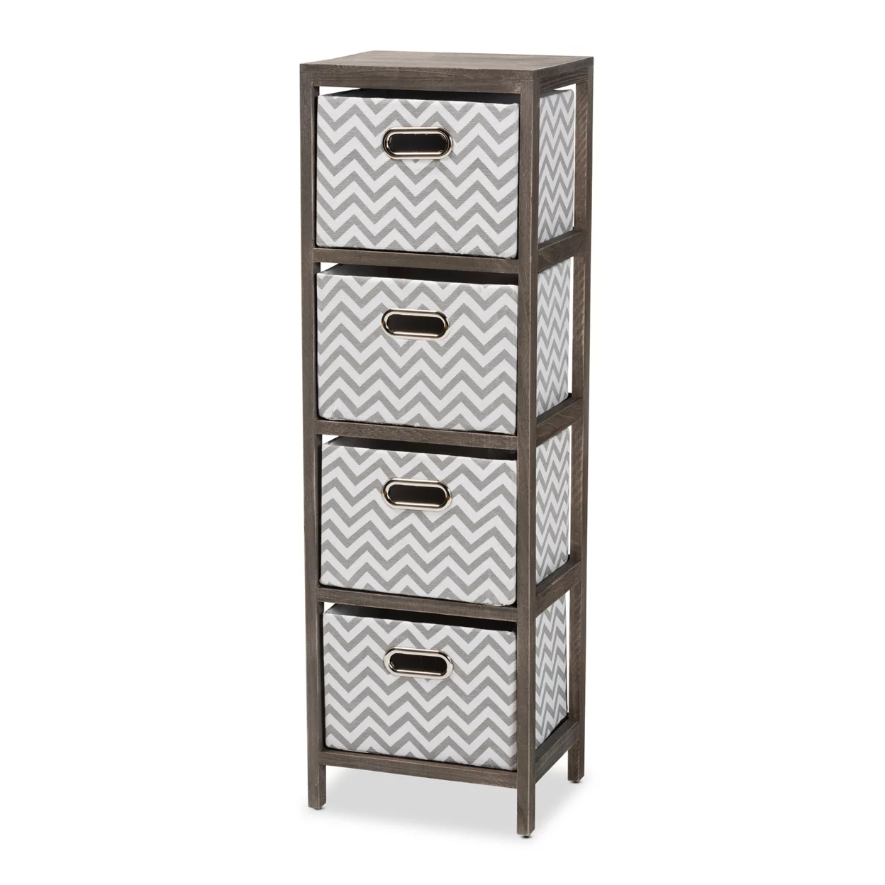 Baxton Studio Jorah Modern and Contemporary Grey and White Fabric  Greywashed  4-Basket Tallboy Storage Unit,Wholesale