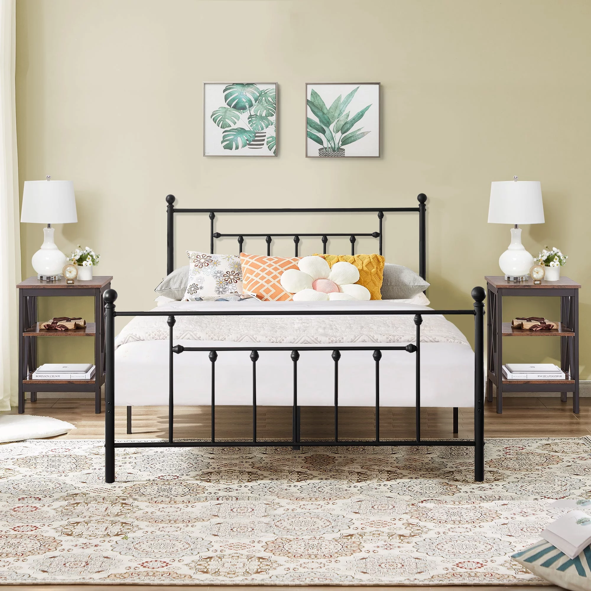 3 Piece Queen Size Bedroom Sets Black Metal Bed Frame and 2 Brown Nightstands