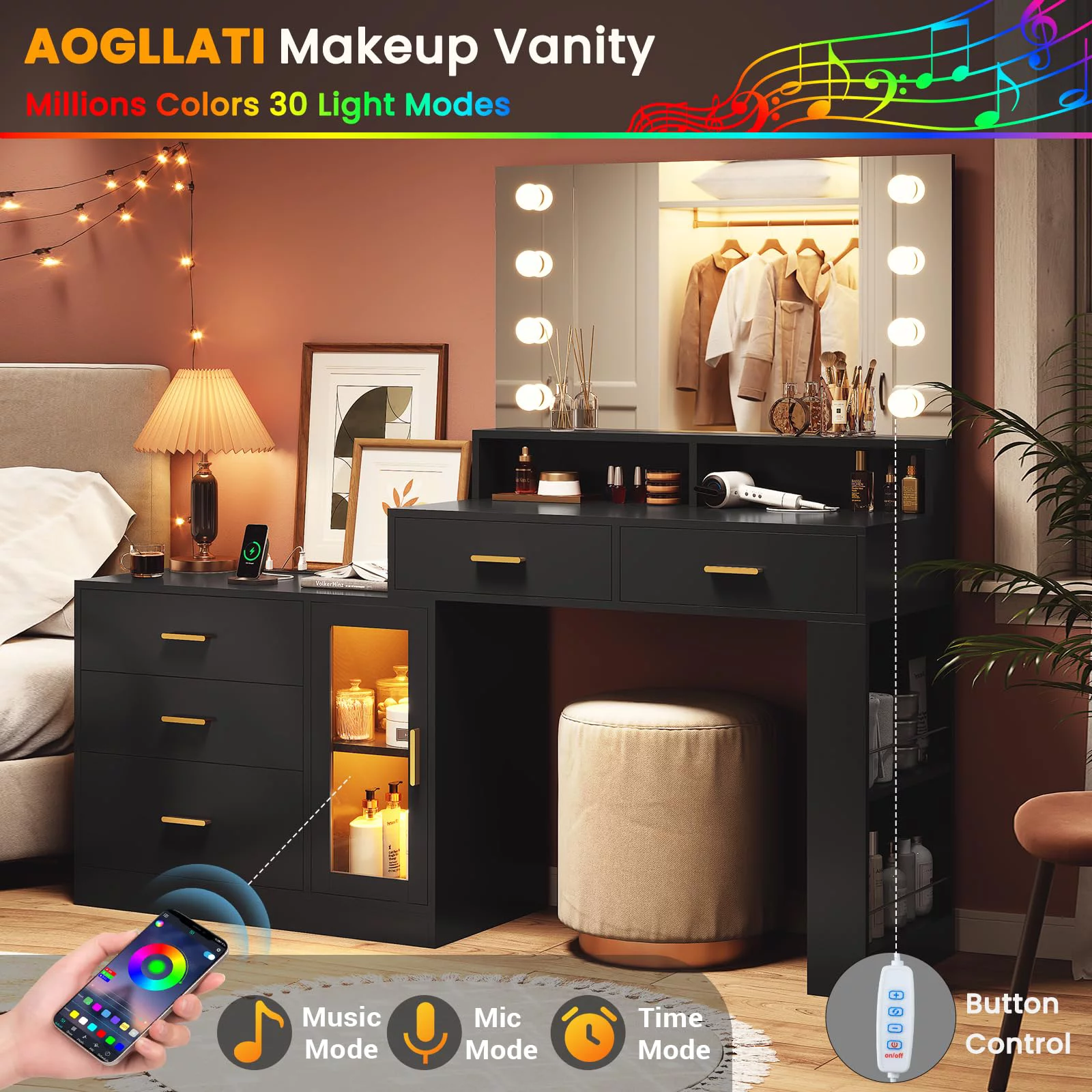 Vanity Desk with Mirror and Lights & Charging Station,Black Vanity Makeup Table with 3 Drawers LED Dresser,Makeup Desk with 3 Lighting Modes, Drawers and Storage Cabinet