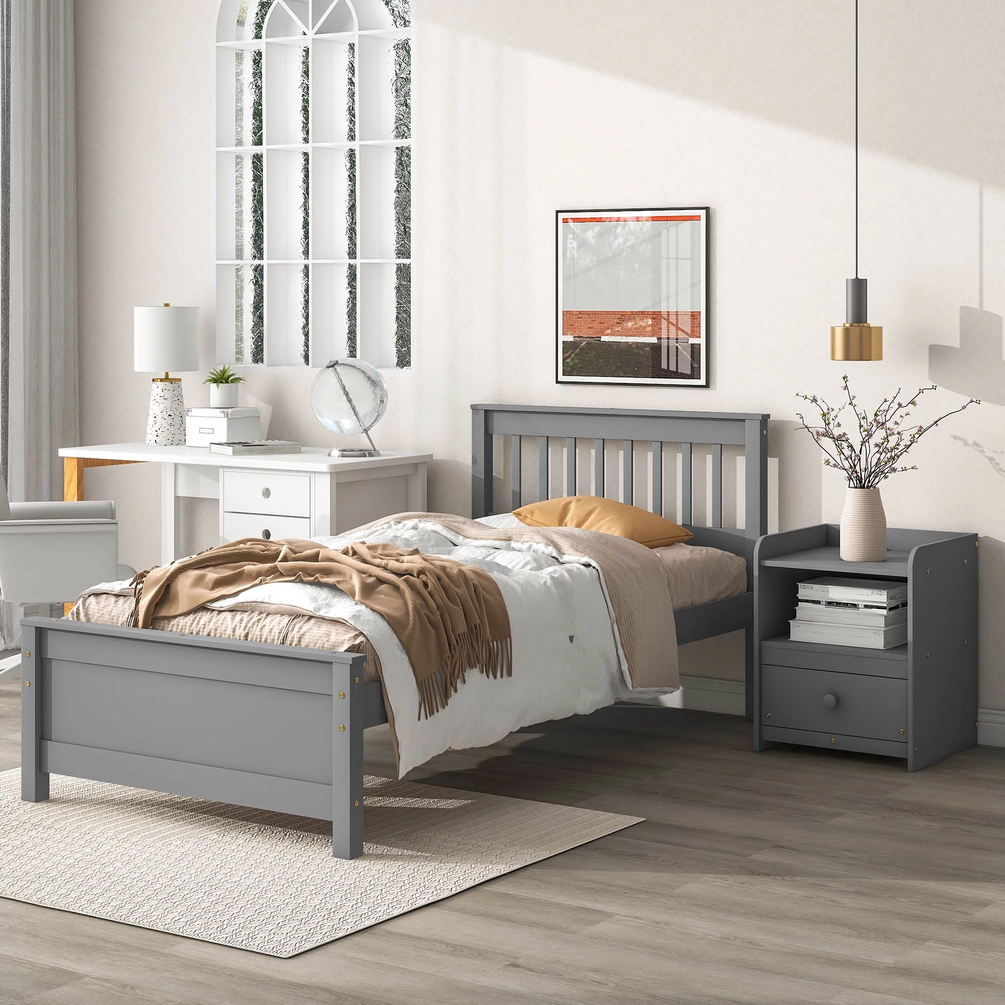 Royard Oaktree Twin Size Wood Bed Frame with Headboard and One Nightstand 2-Pieces Bedroom Set with Twin Bed and Nightstand, Grey