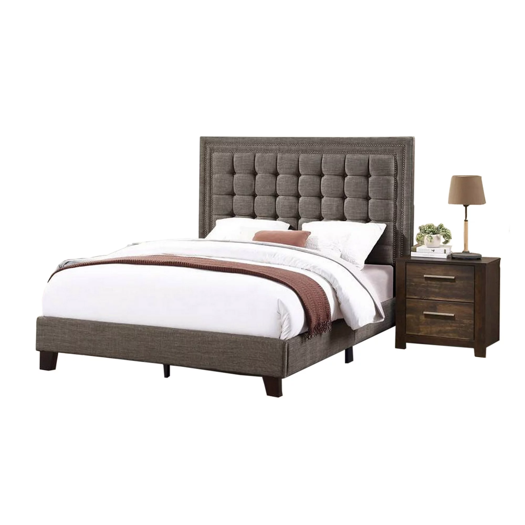 Benjara Zofi Modern Queen Size Bed, Deep Square Tufted Upholstery, Taupe Polyester