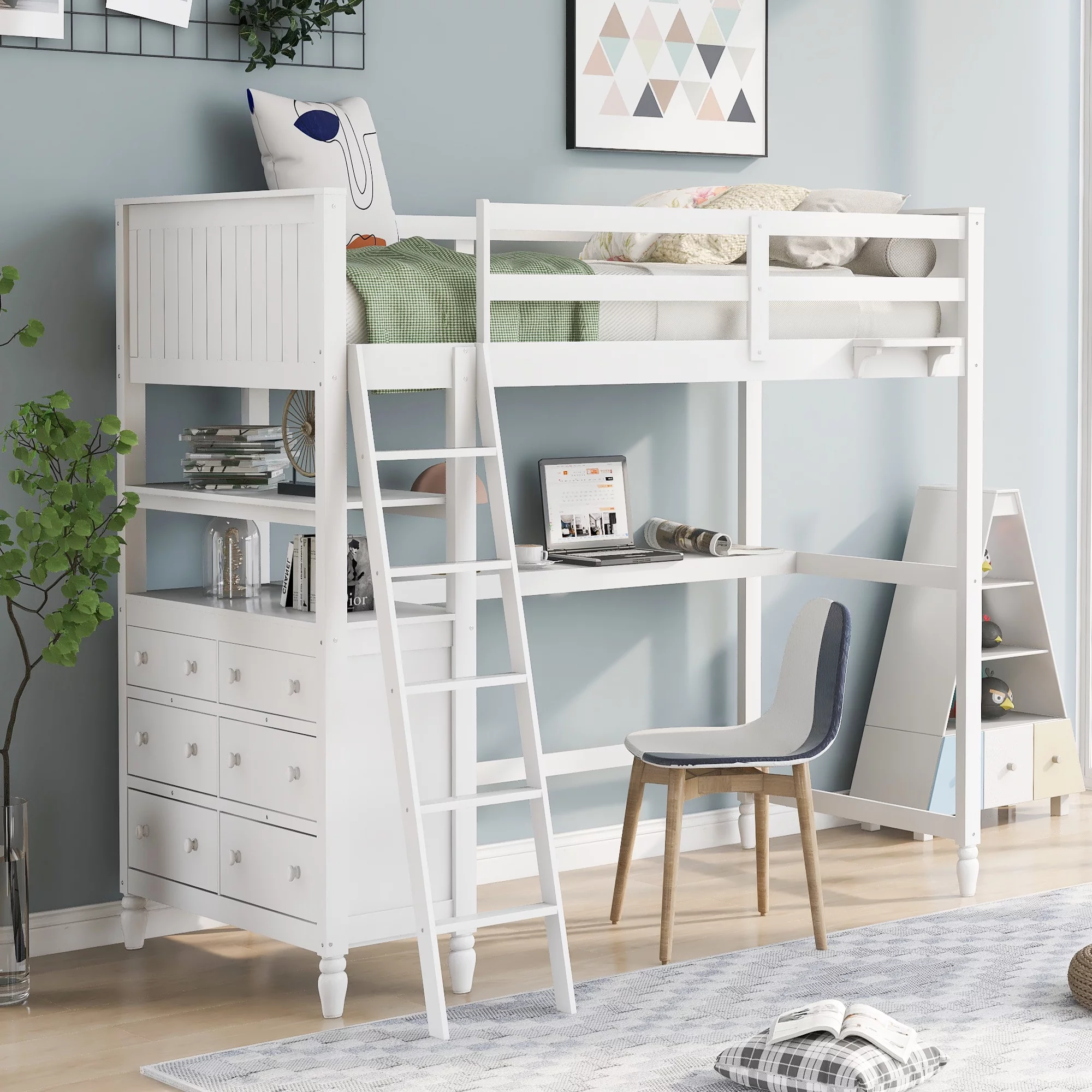 Pine Wood Twin Size Loft Bed with Desk and Shelves, Built-in Drawers, Space-Saving Dorm Apartment Bedroom Loftbed Frame W/Guardrail, Ladder for Kids Adults Bedroom