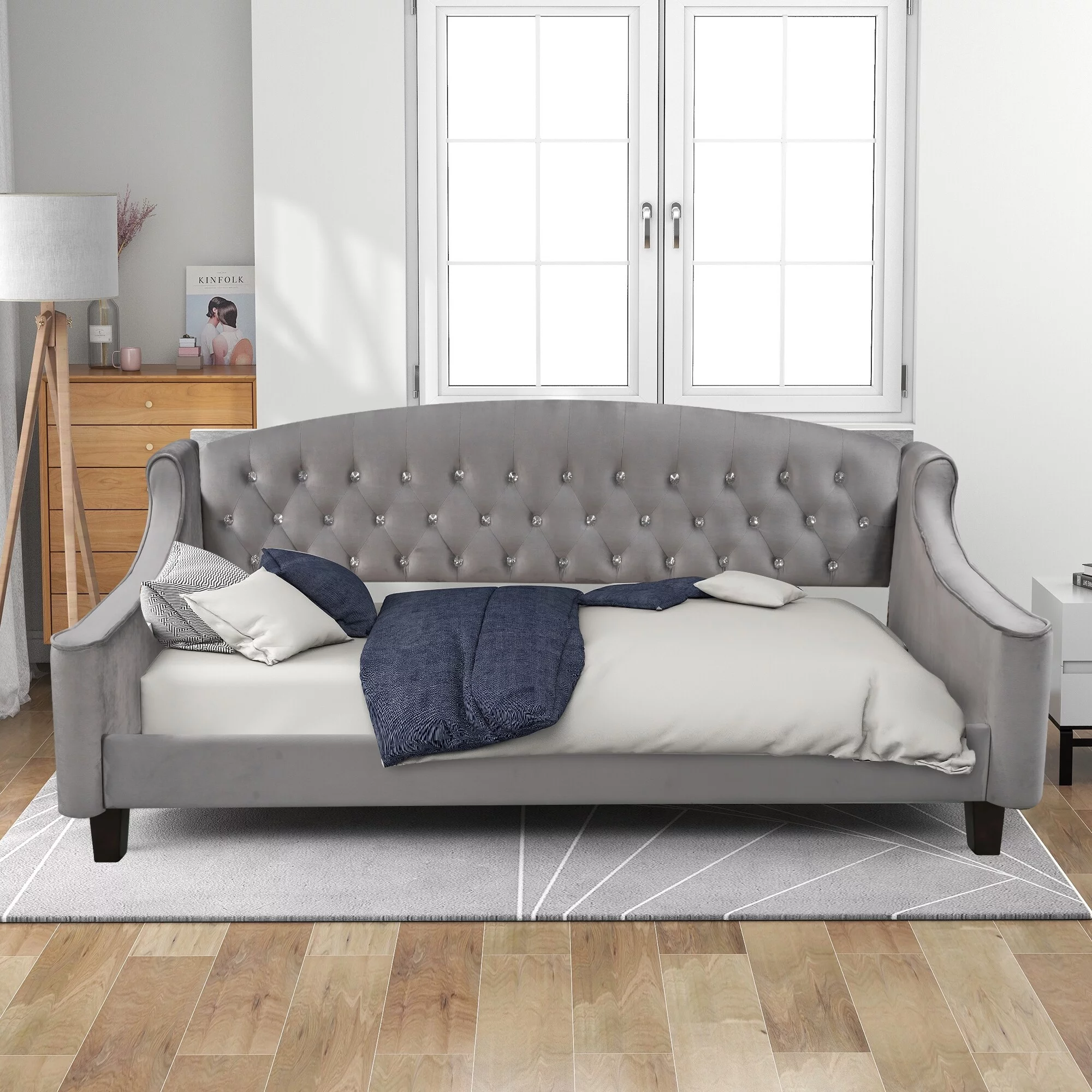 Modern Luxury Daybed with Button Tufted Upholstered Wingback and Tailored Piped Edges, Grey Twin