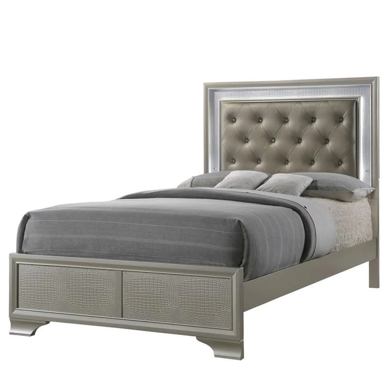 Modern Champagne Faux Finish 6pc Twin Size LED Backlit HB Bed Dresser Mirror Nightstand Wooden Bedroom Storage Furniture Set