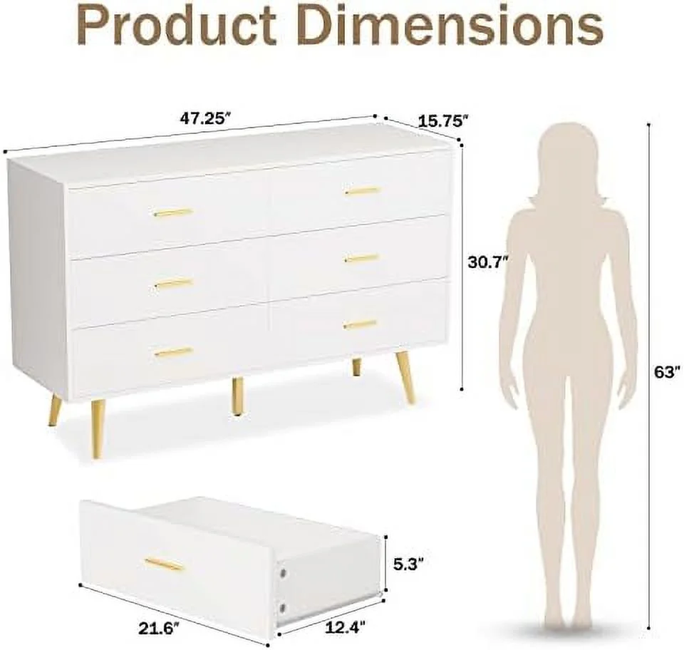 HBBOOMLIFE Dresser for Bedroom 6 Drawer Double Dresser with Metal Handles Modern Design White and Gold Dresser for Closet Hallway Bedroom (Black)