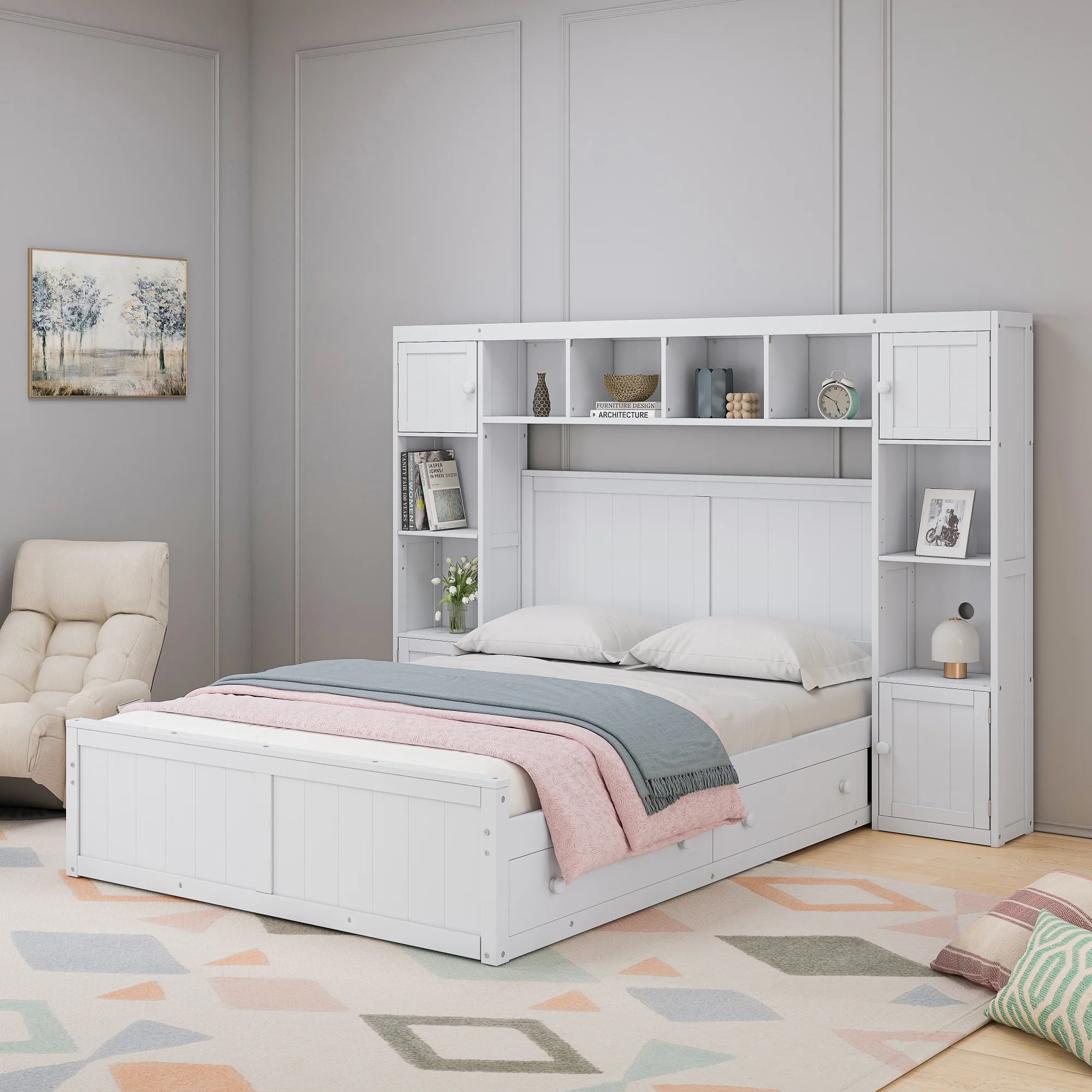 Full-Size White Wooden Bed with 4 Drawers, Integrated Cabinet & Shelving Unit - Elegance & Utility