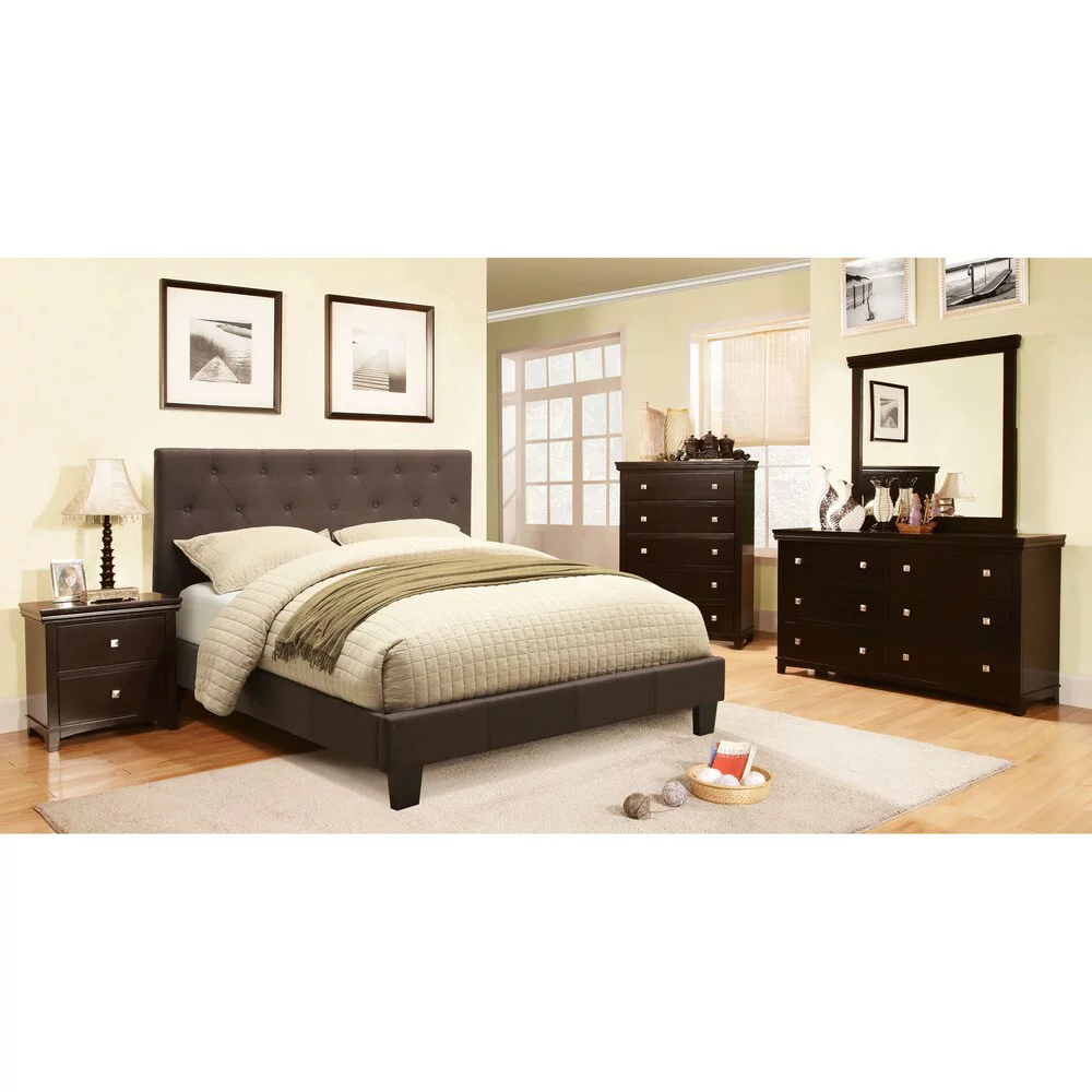 Furniture of America Perdella Contemporary Grey Fabric Upholstered Tufted Low Profile 4-Piece Platform Bedroom Set by Twin