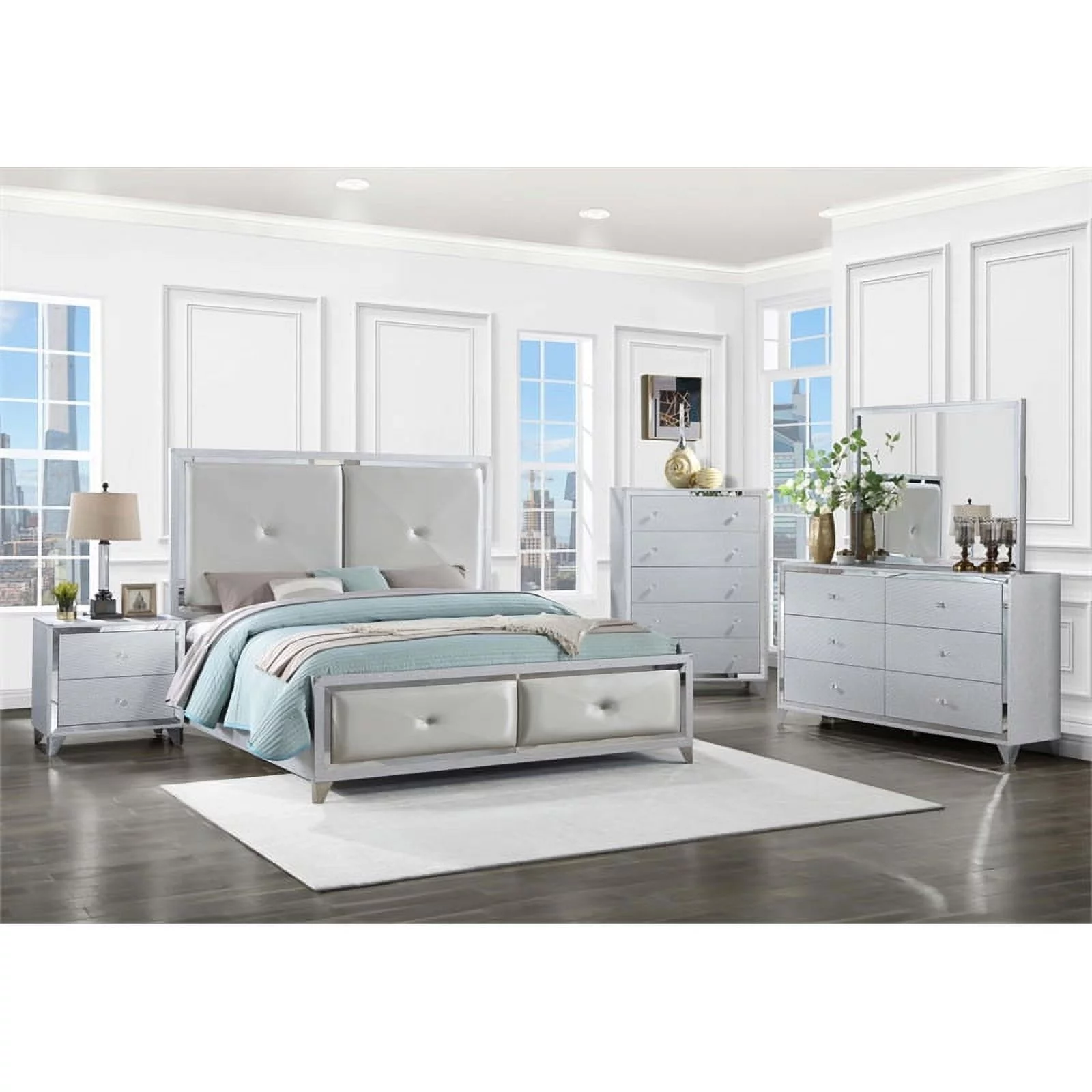 Maklaine 5-piece Modern Wood Tufted California King Bedroom Set in Silver
