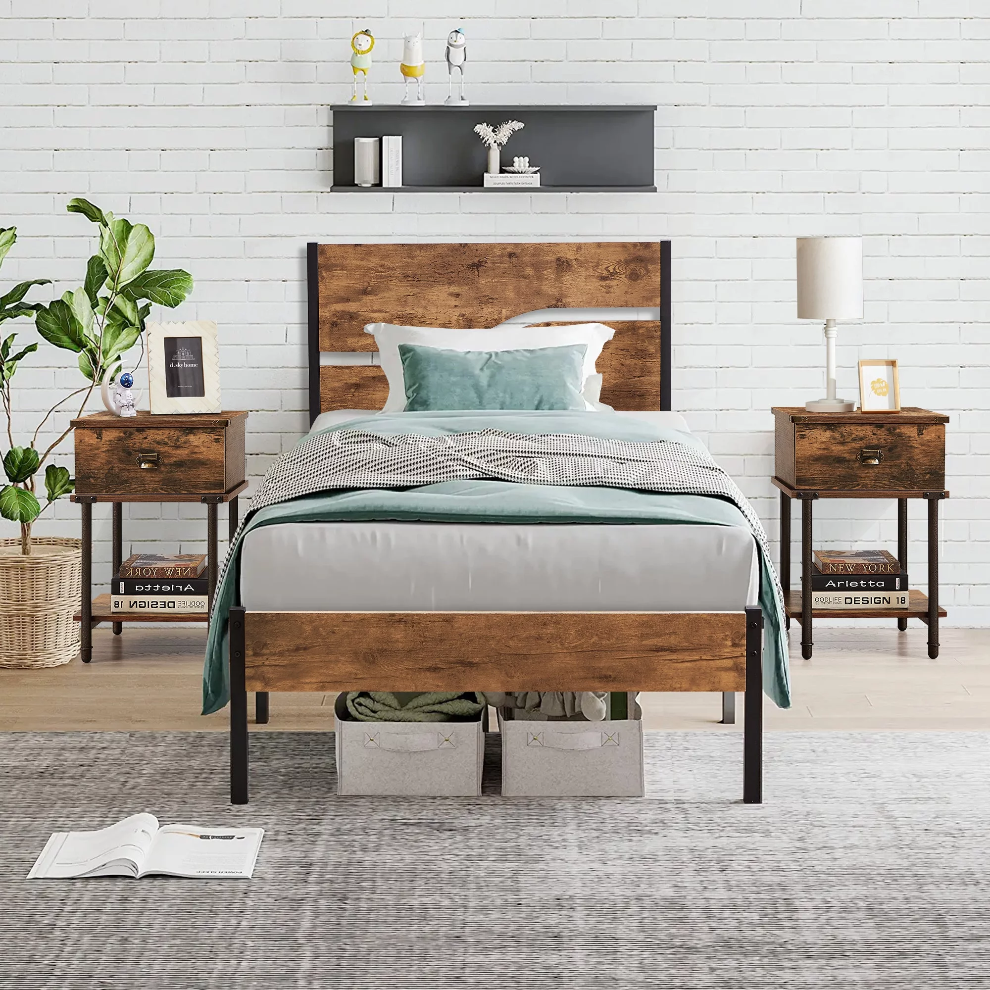 VECELO 3-Piece Twin Bedroom Set, Platform Bed Frame with Wooden Headboard and 2 Nightstand, Brown