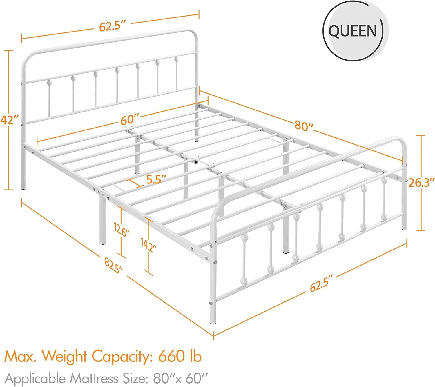 Classic Metal Platform Bed Frame Mattress Foundation with Victorian Style Iron-Art Headboard/Footboard/Under Bed Storage/No Box Spring Needed/Queen Size White