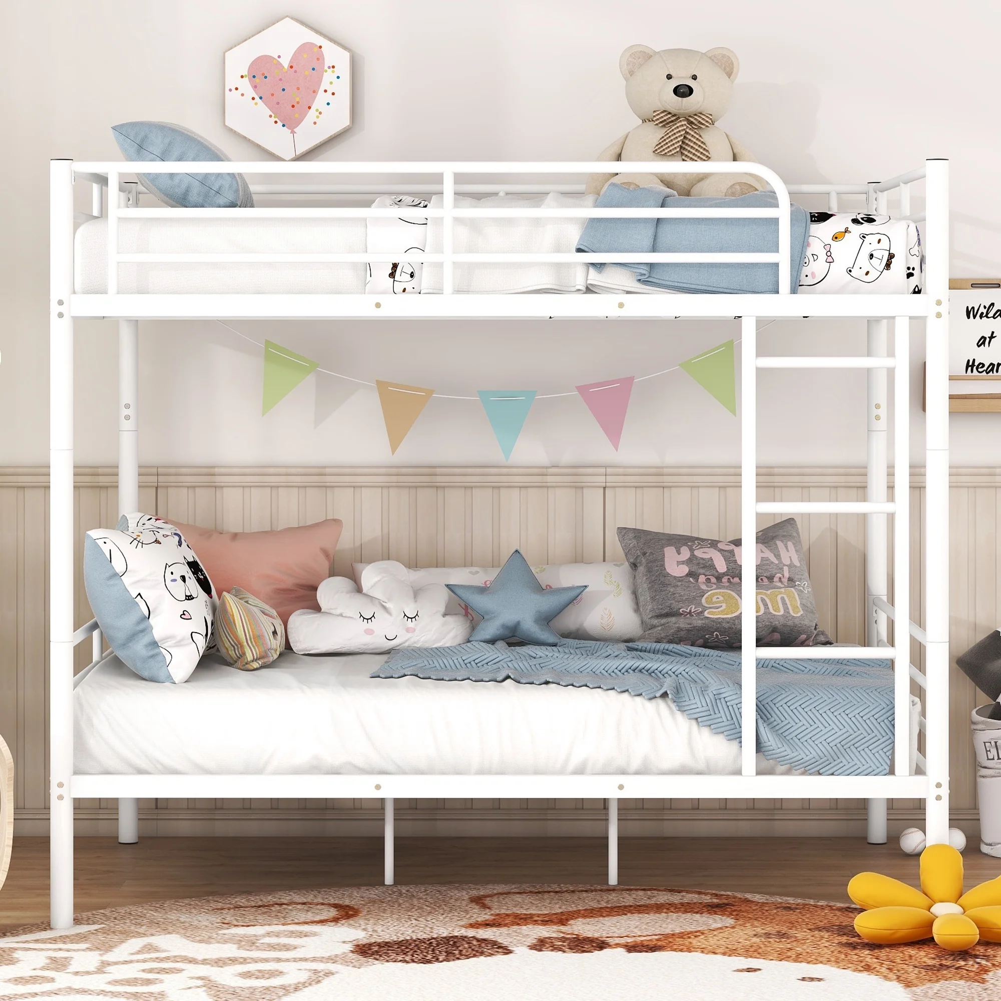 Bellemave Metal Bunk Bed Full Over Full Size with Ladder and High Guardrail, Bunk Bed Frame Can be Divided into Two Beds, Noise Free（White）