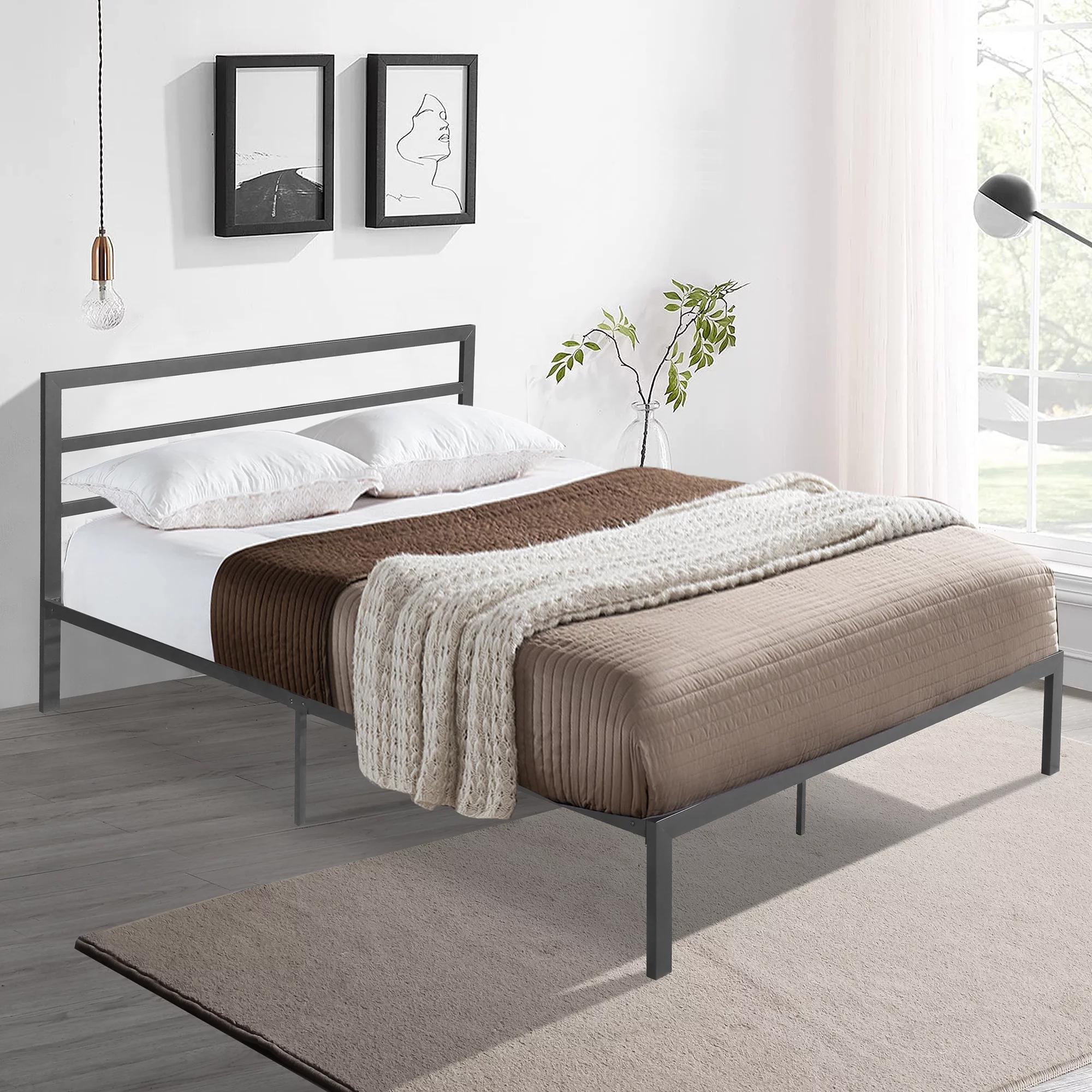 Gewnee Queen Size Metal Platform Bed Frame with Headboard and Footboard with Storage, No Box Spring Needed, Gray
