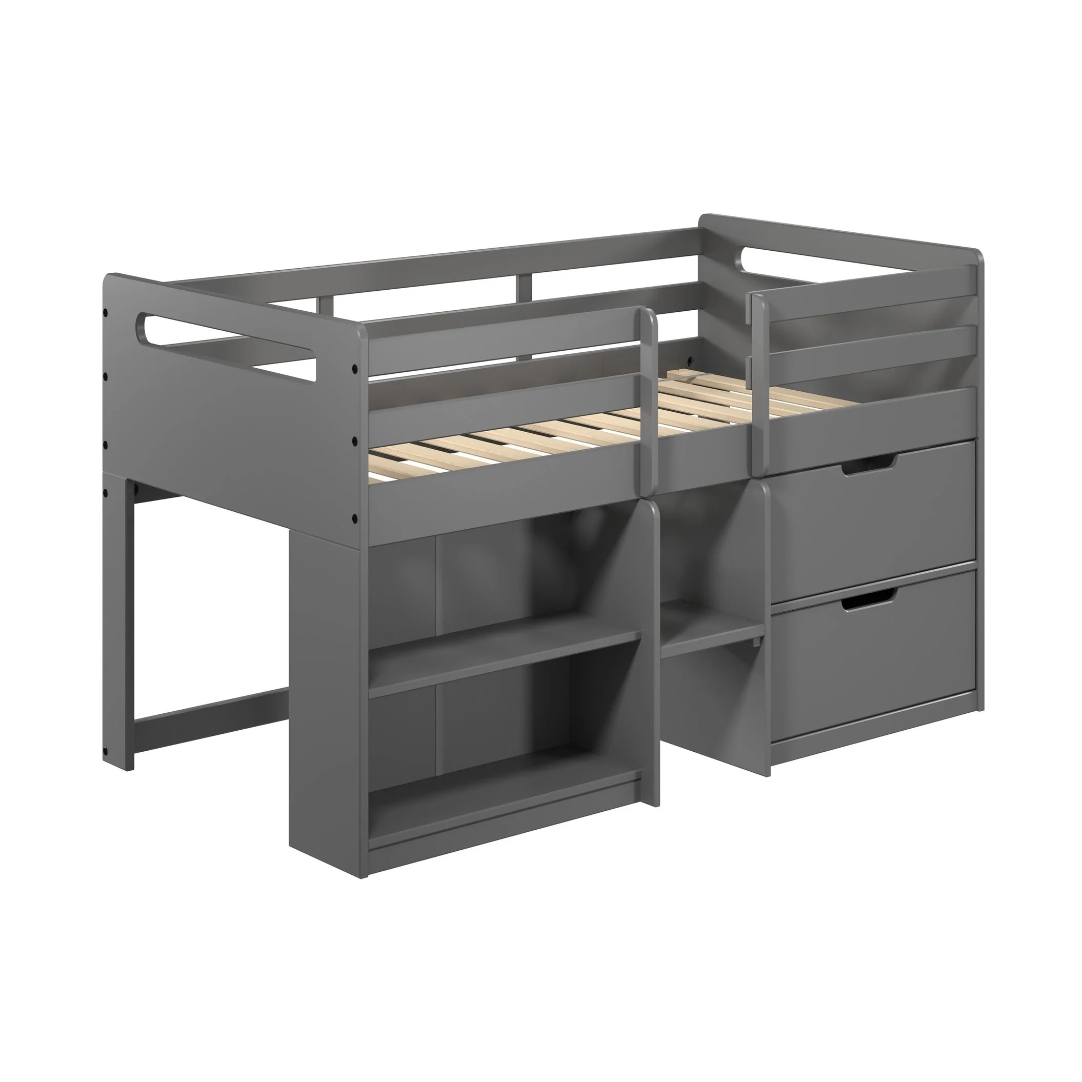 Anders Grey Twin Loft Bed with Built-in Drawers and Bookshelf