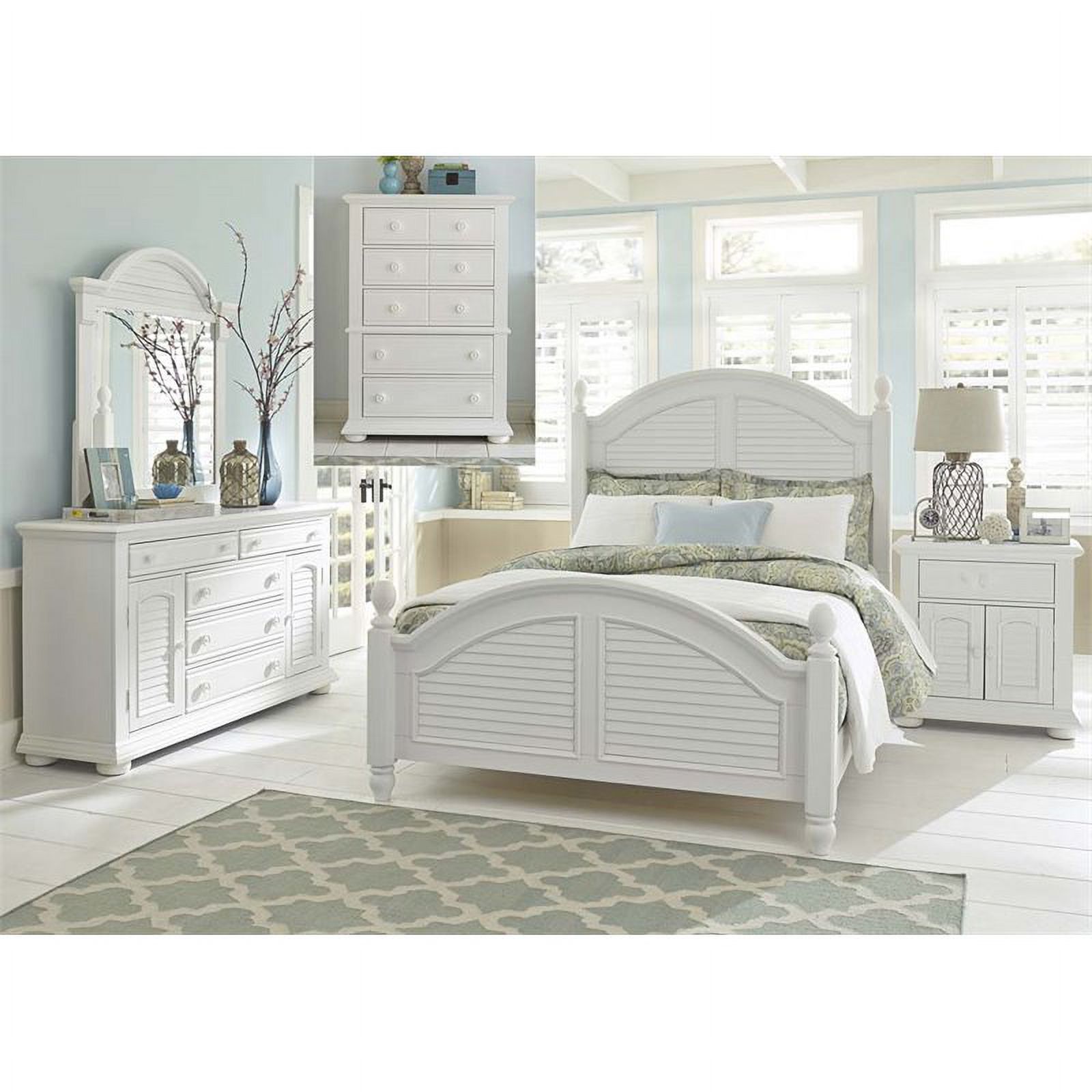 Summer House I White Queen Poster Bed - Dresser & Mirror - Chest - Night Stand