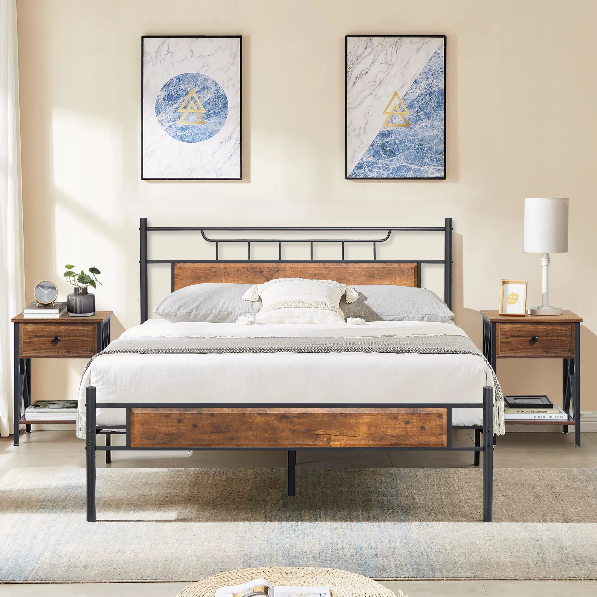 VECELO 3-Piece Bedroom Set with Queen Size Platform Bed Frame and 1-Drawer Brown Nightstand