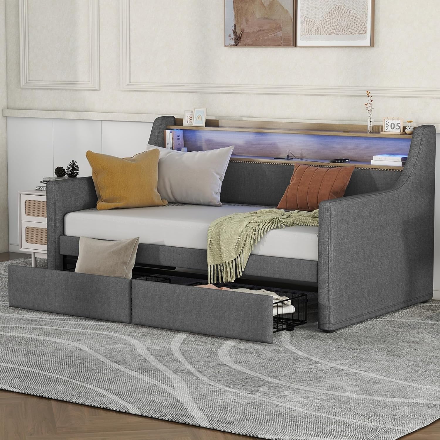 Upholstered Size Daybed With 2 Drawers,Woode Daybed With Chargig Statio Ad LED Lights, Lie Fabric Daybed Sofa Bed With Slat Support For Bedroom,Livig Room, Grey