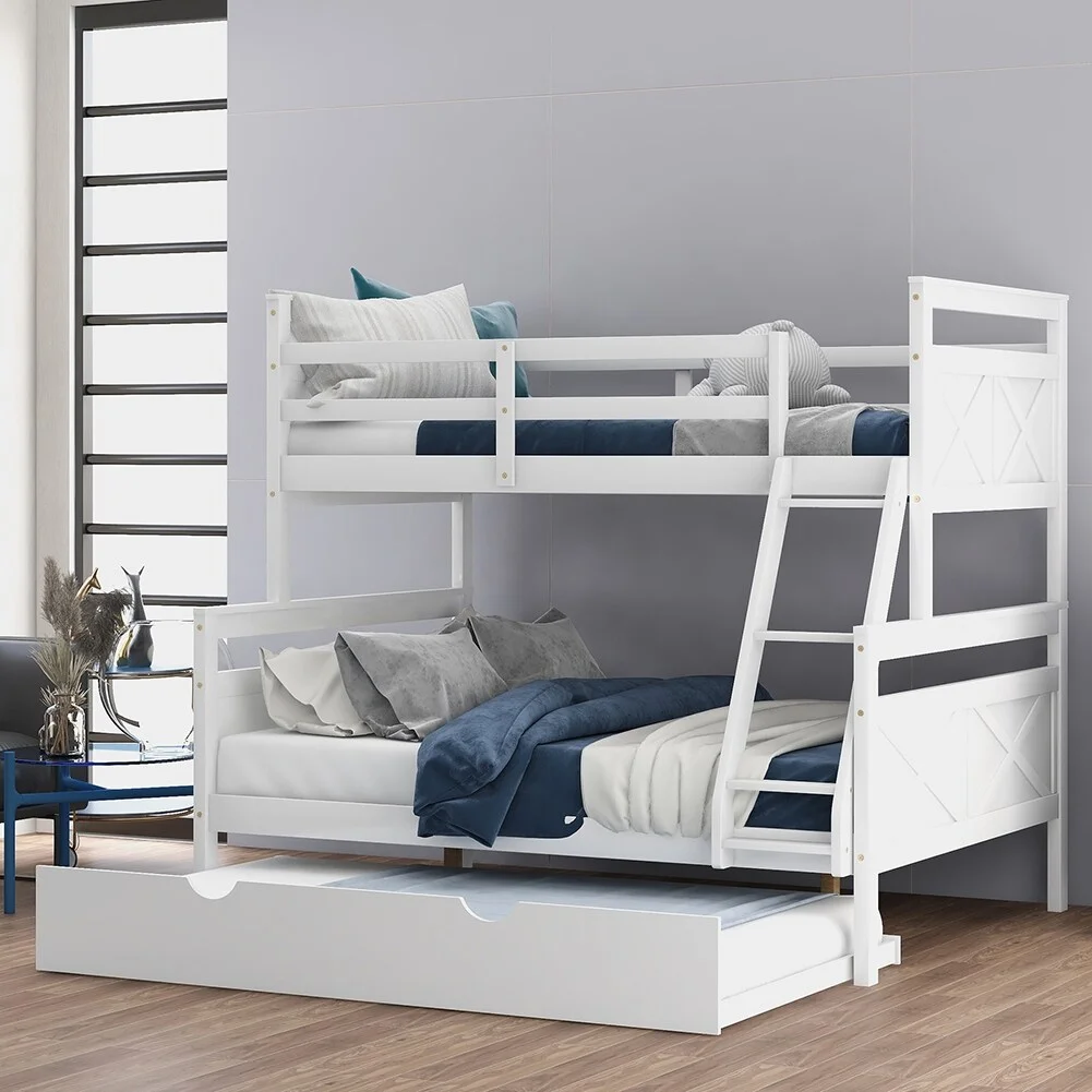 Twin over Full Bunk Bed with Twin Size Trundle and Ladder Grey