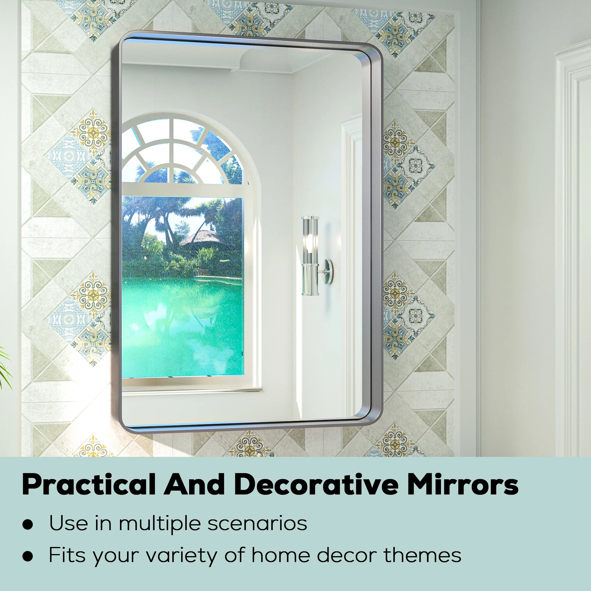 Keonjinn 36 x 24 inch Brushed Nickel Bathroom Mirror for Wall, Silver Metal Rounded Corner Rectangle Vanity Mirror Metal Frame Wall Mount Mirror