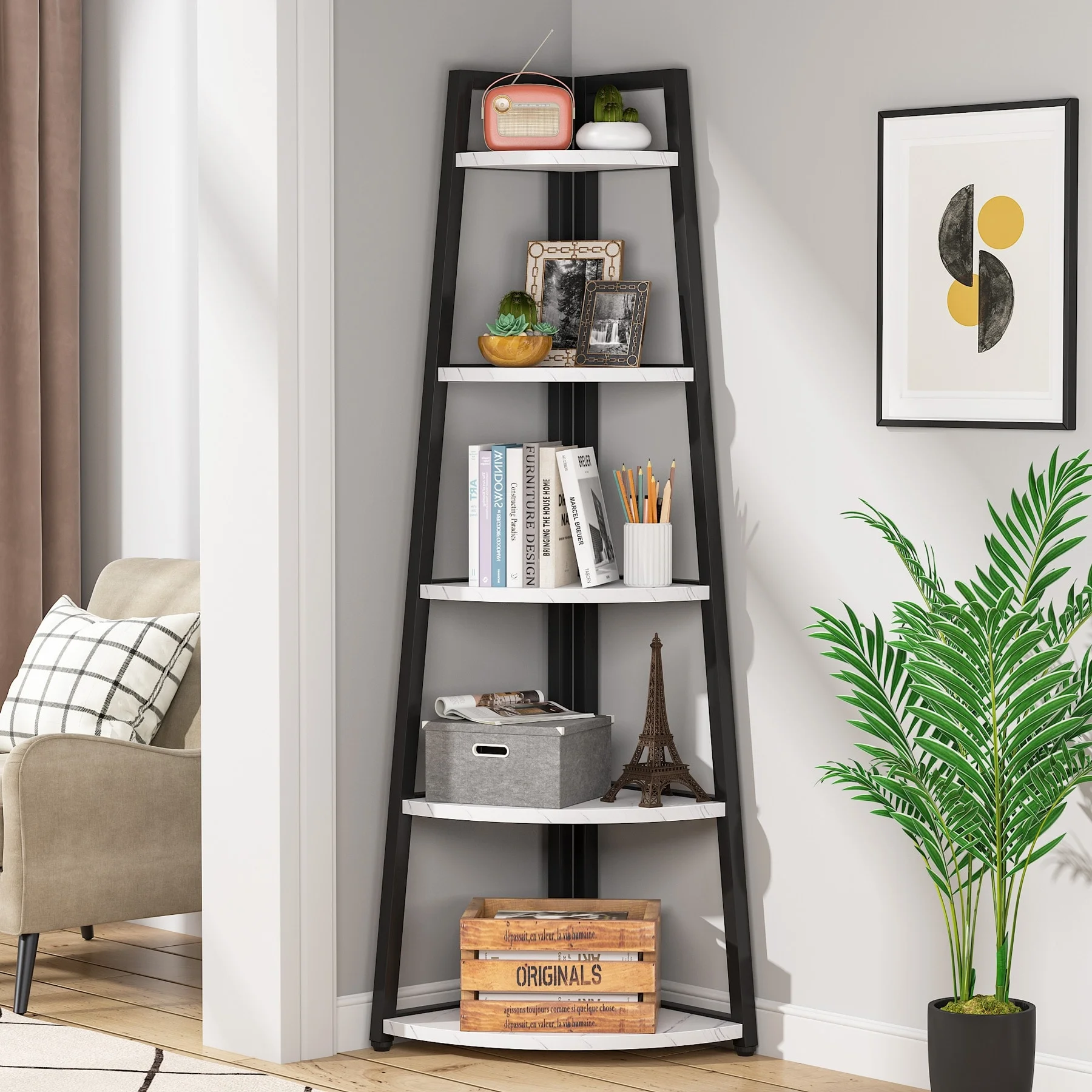 70 inch Tall Corner Shelf, Corner Bookshelf and Bookcase Brown