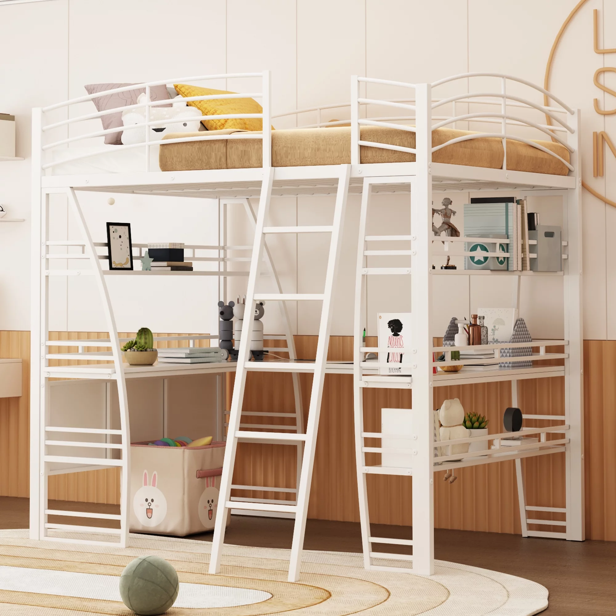 Bellemave Full Loft Bed with Desk and Storage Shelves, Modern Metal Loft Bed Frame with Sockets USB Ports and Wireless Charging, High Loft Beds Noise Free (White)