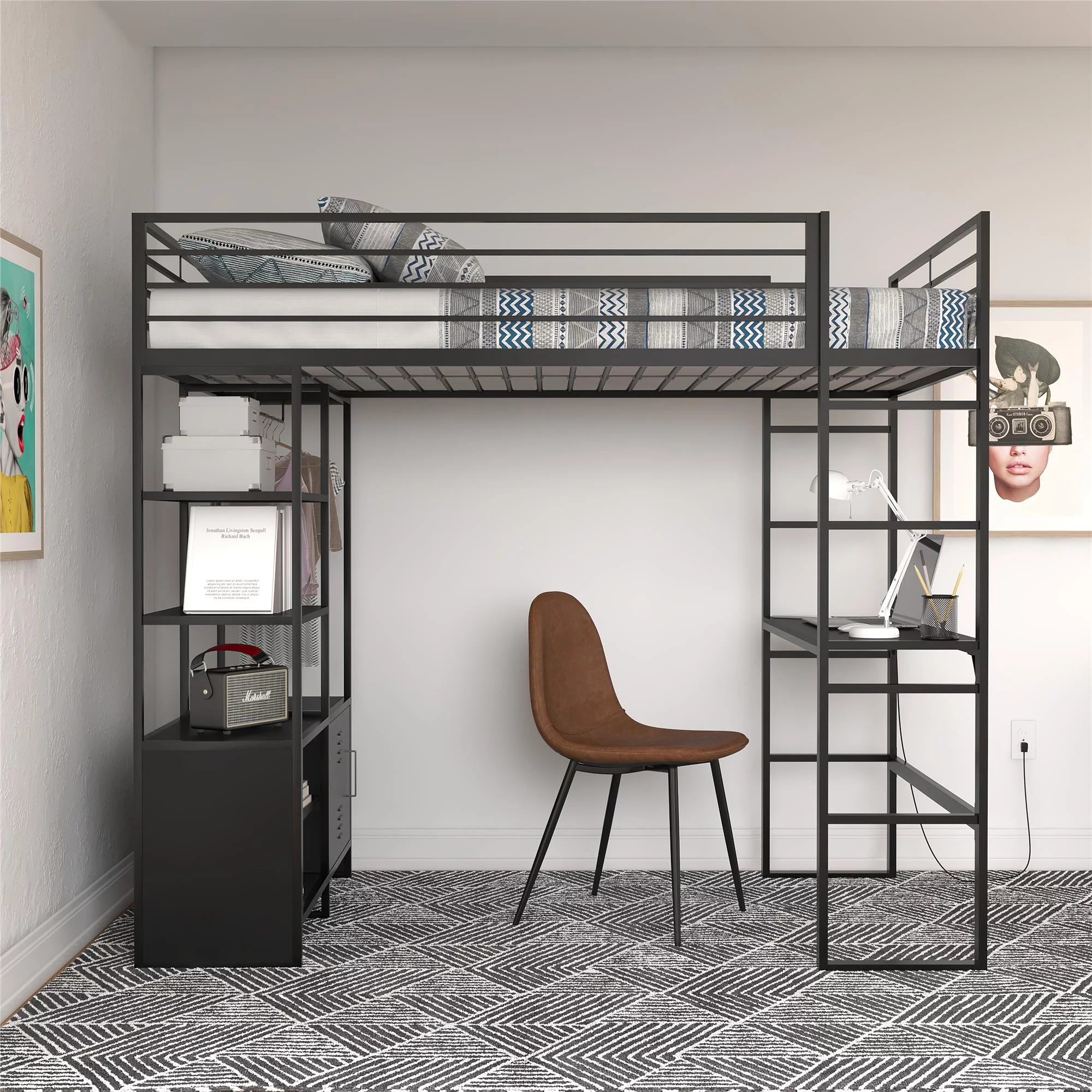 DHP Lanis Metal Storage Loft Bed with Desk, Shelves, Cabinet and USB Port, Twin, Black