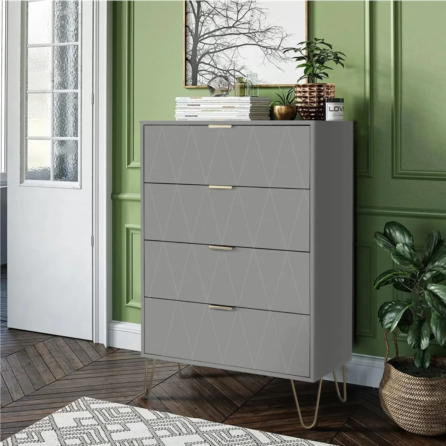 4 Drawer Dresser   Cabinet  Tall Drawers Chest Organization for Closet  Bedroom  Office File Nightstand  Living Room  Entryway with 4 Metal Legs Anti-Tipping Device(Set of 1 Grey)