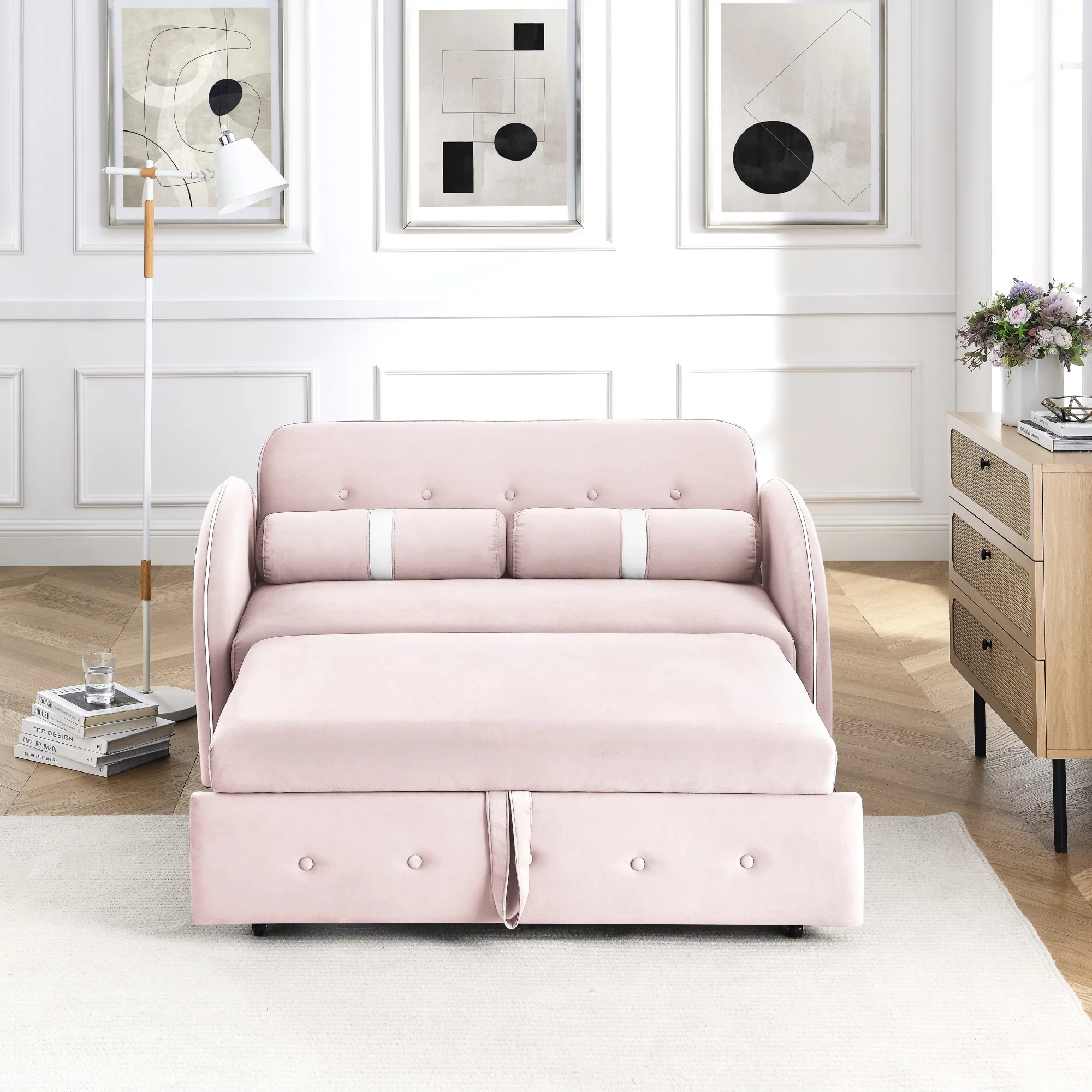 Ufurpie Pull Out Sleep Sofa Bed 2 Seater Loveseats Sofa Couch with side pockets,Adjsutable Backrest and Lumbar Pillows for Apartment Office Living Room,Pink