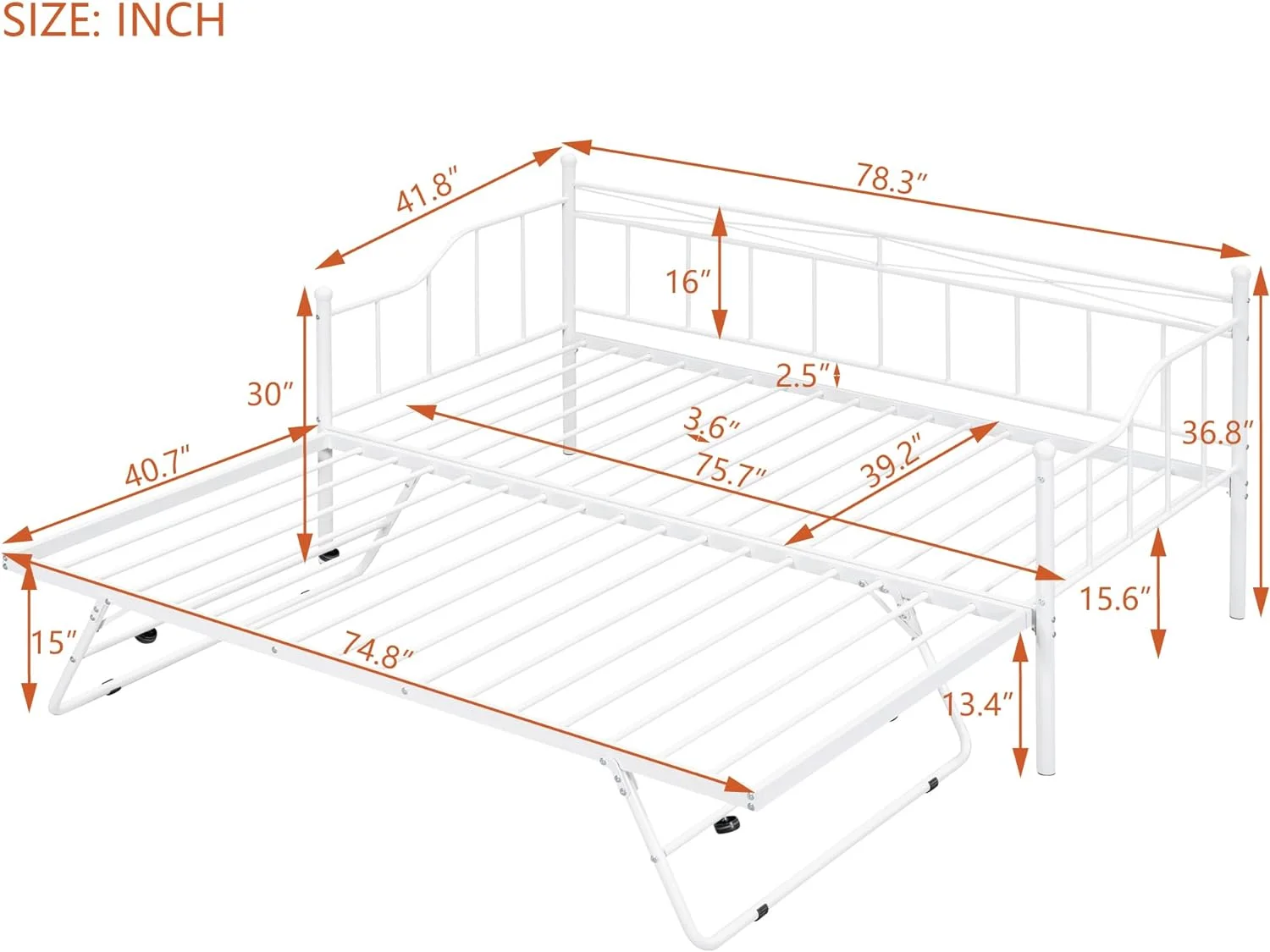 YGDU Twin Size Metal Daybed, Sofa Bed Frame with Pop Up Twin Trundle for Kids/Adult Bedroom, Adjustable Portable Folding Easy to Assemble & No Box Spring Needed, White
