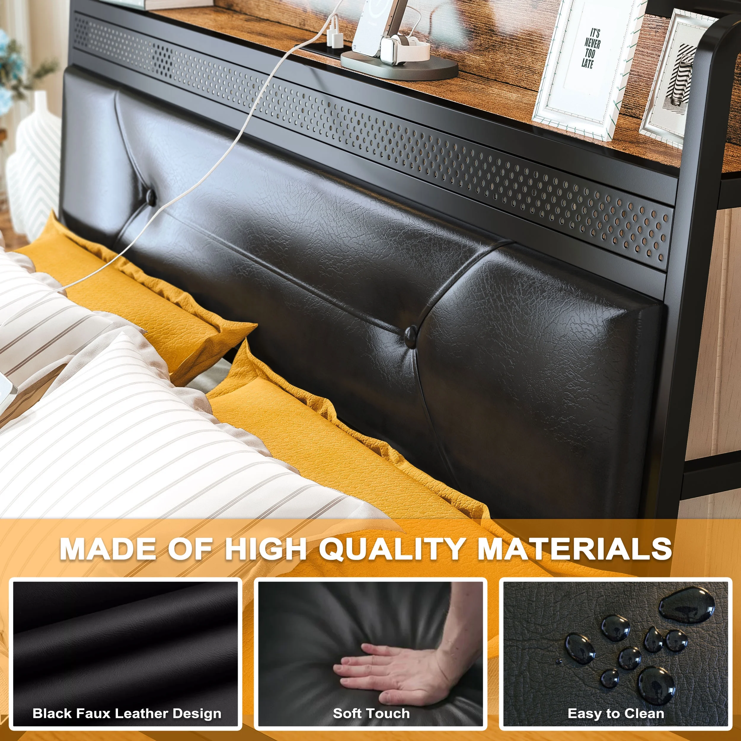 IRONCK Queen Bed Frame with Upholstered Headboard, Charging Station, 4 Storage Drawers and RGB Lights