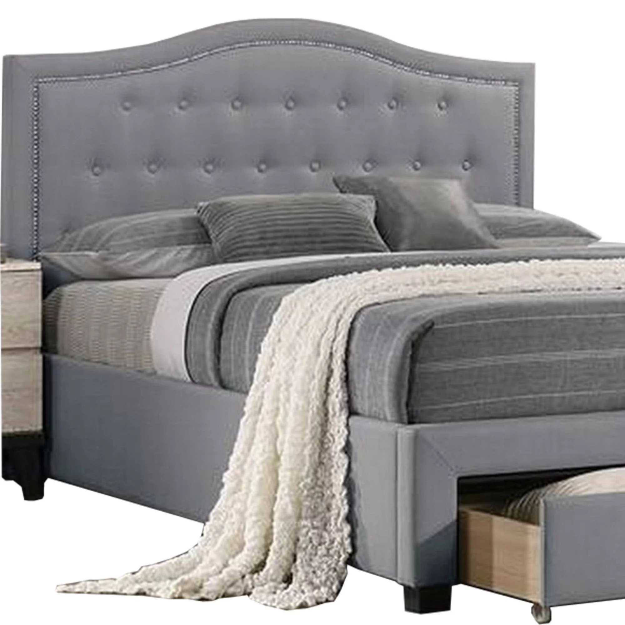 Benjara Buk Upholstered Tufted Queen Bed with Storage, Nailhead Trim, Gray Burlap
