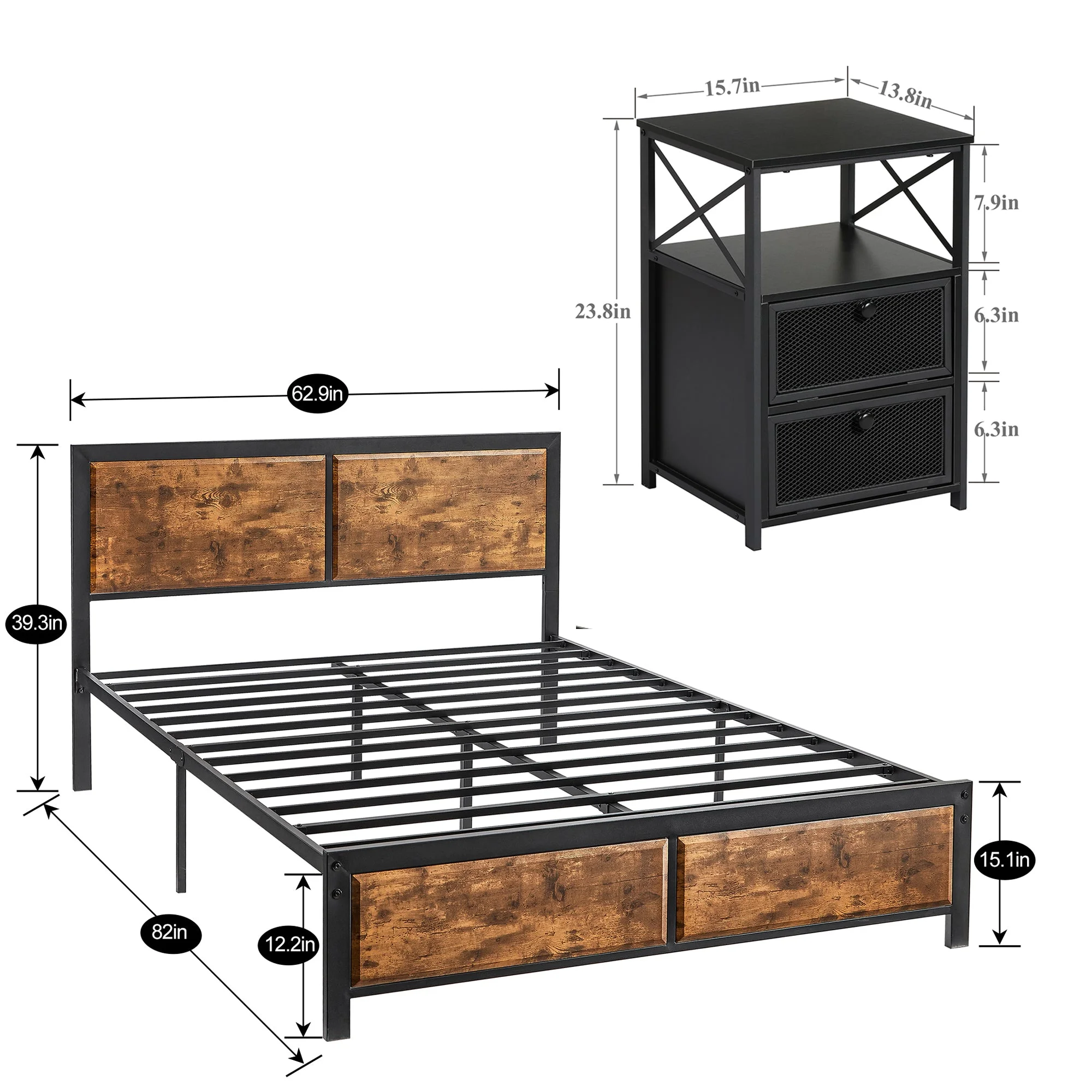 VECELO 3-Piece Queen Bedroom Sets with Wooden Headboard Bed Frame and 2 Black Nightstands
