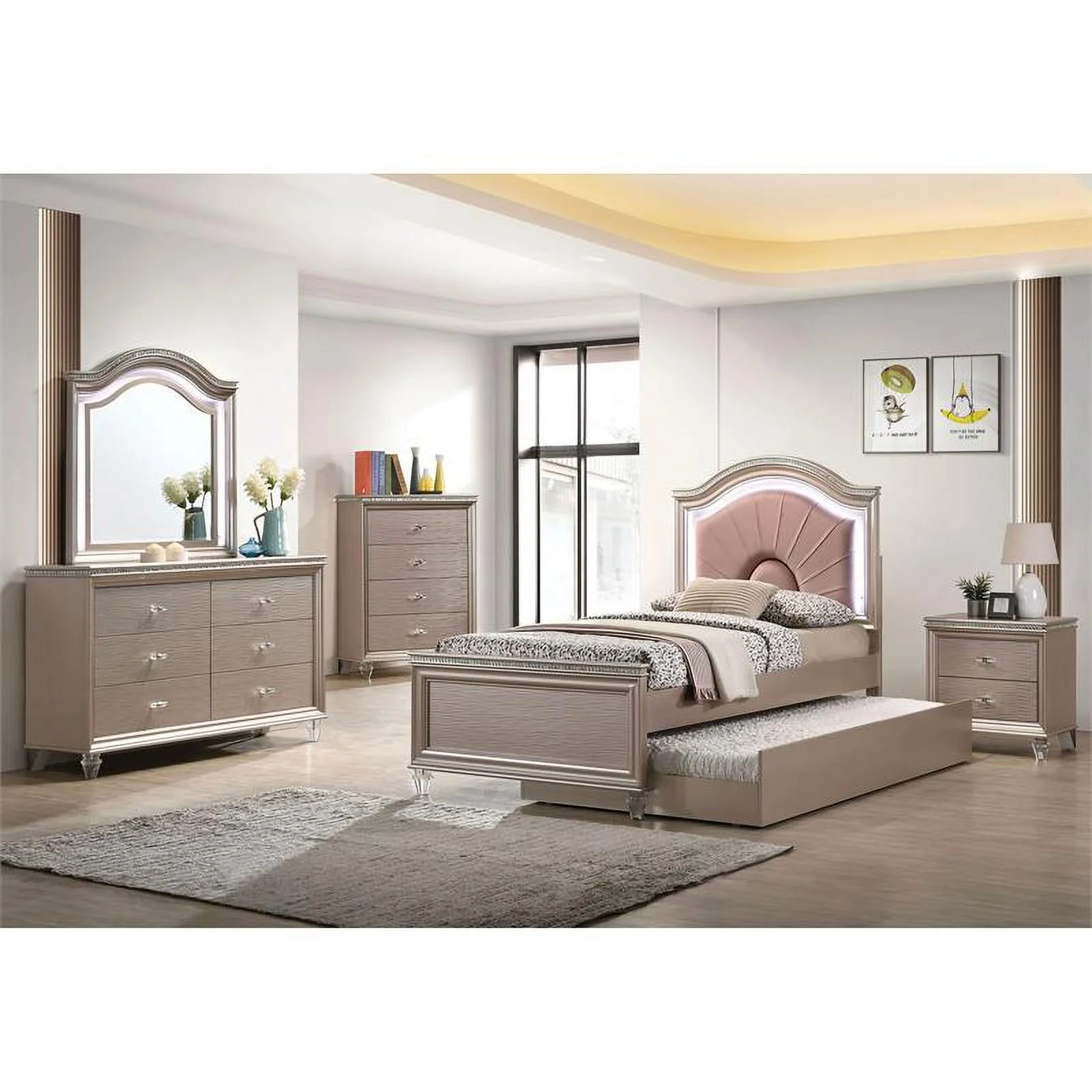Furniture of America Devado Wood 2-Piece Dresser and Mirror Set in Rose Gold