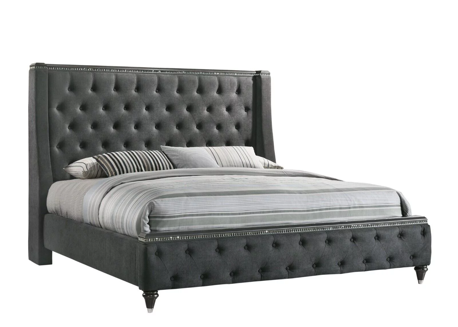 Modern Glam Style 4pc King Size Bedroom Set Grey Upholstered Panel Bed Dresser Mirror Nightstand Bedroom Furniture