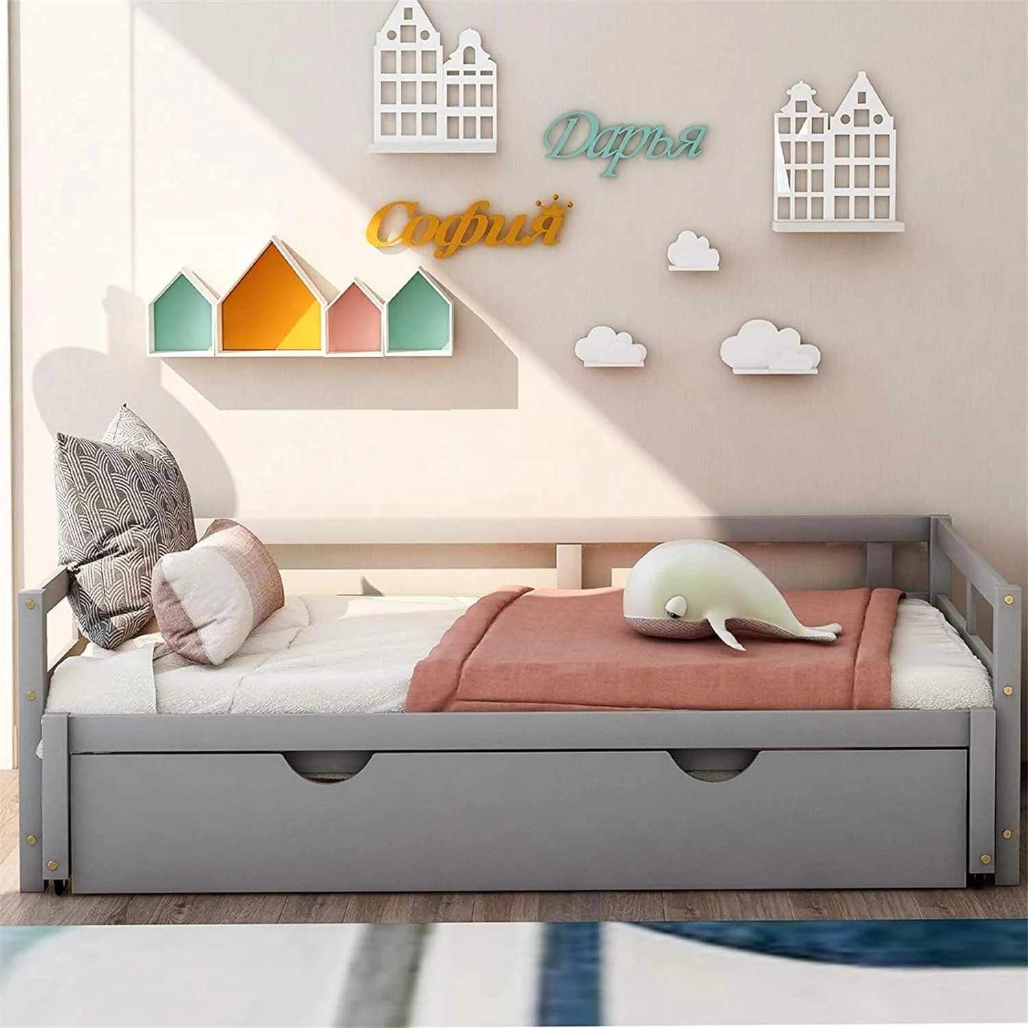 Daybed With Trundle, To King Trundle Bed Extendable Design, Wooden Daybed/Sofa Bed For Bedroom Living Room,No Box Spring Needed,Grey