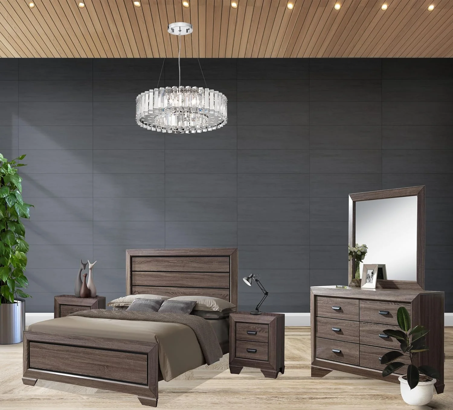 Kings Brand Furniture - 5-Piece Black/Brown Modern Queen Size Bedroom Furniture Set, Bed, Dresser, Mirror & 2 Night Stands