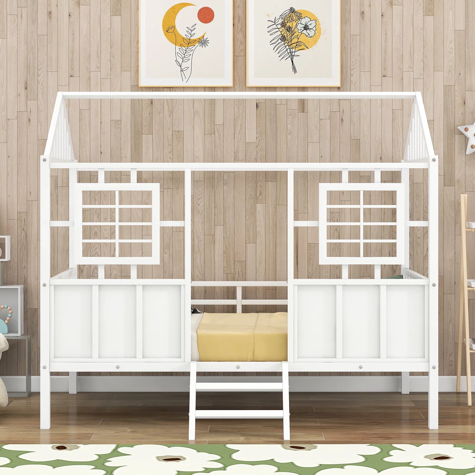 Nestfair Black Twin Size Metal Low Loft House Bed with Roof and Front Windows