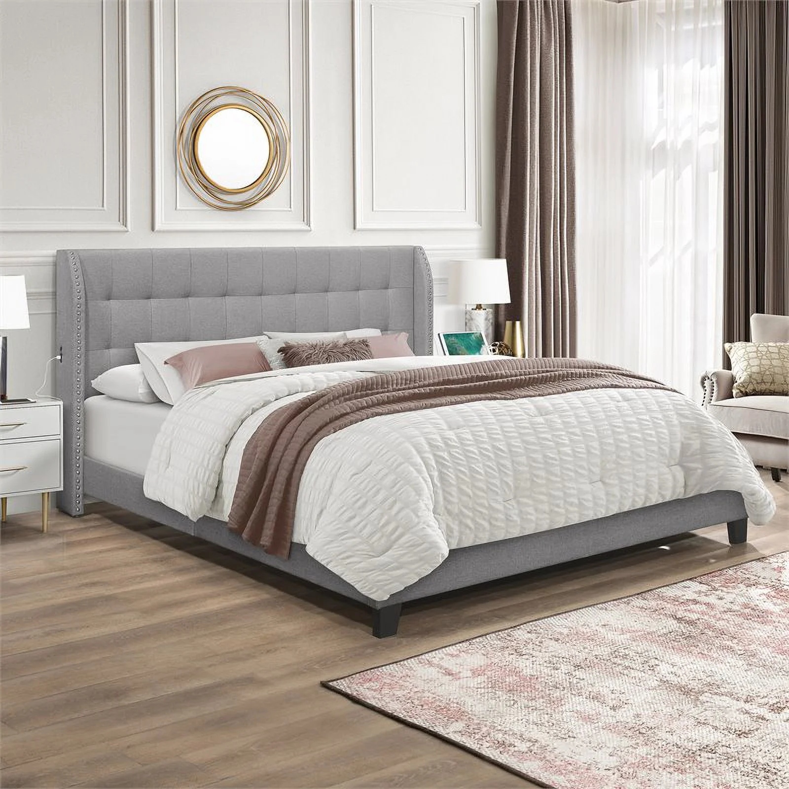 Bowery Hill Modern Wood / Fabric Upholstered King Platform Bed in Gray