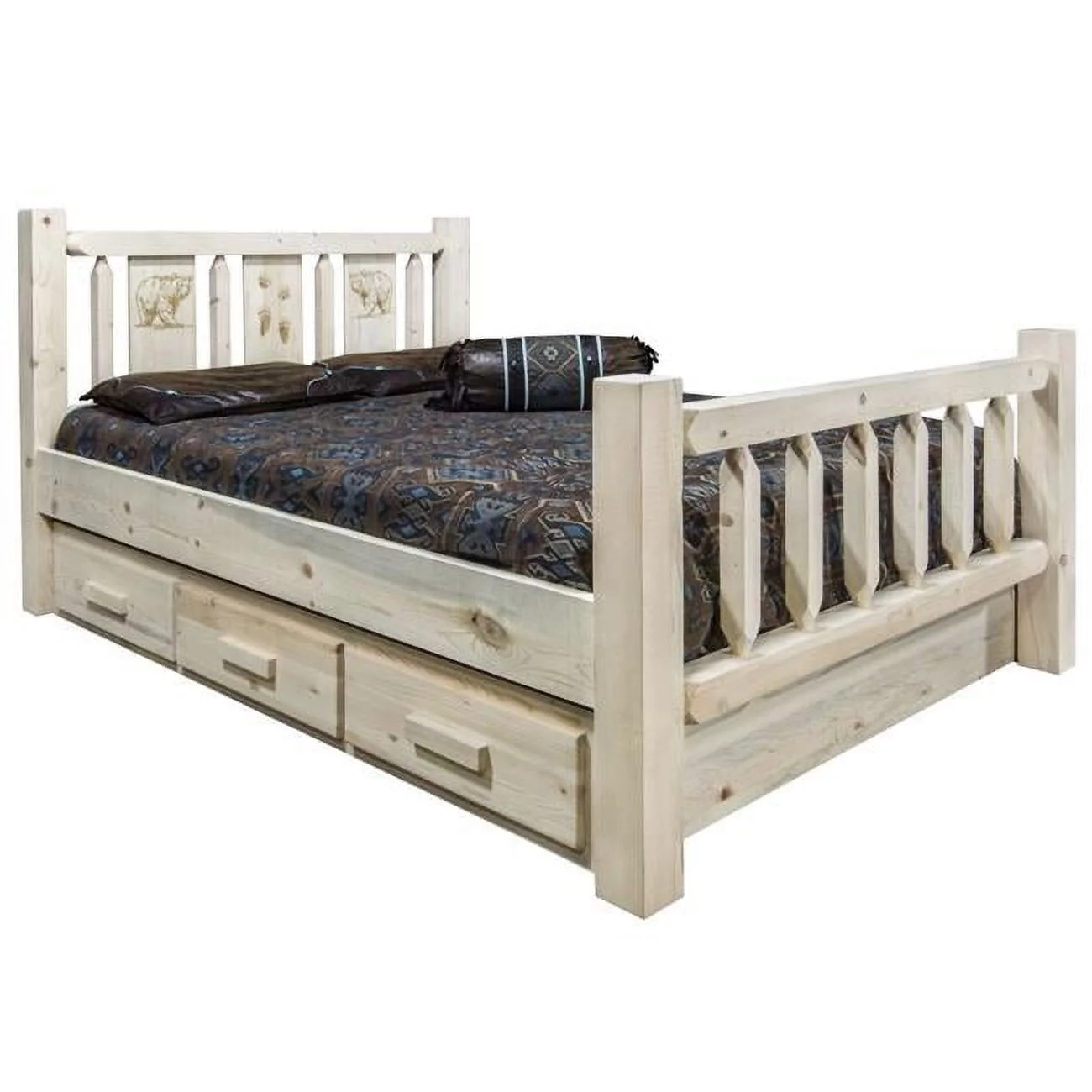 Homestead Collection Full Size Storage Bed with Laser Engraved Bear Design, Clear Lacquer Finish