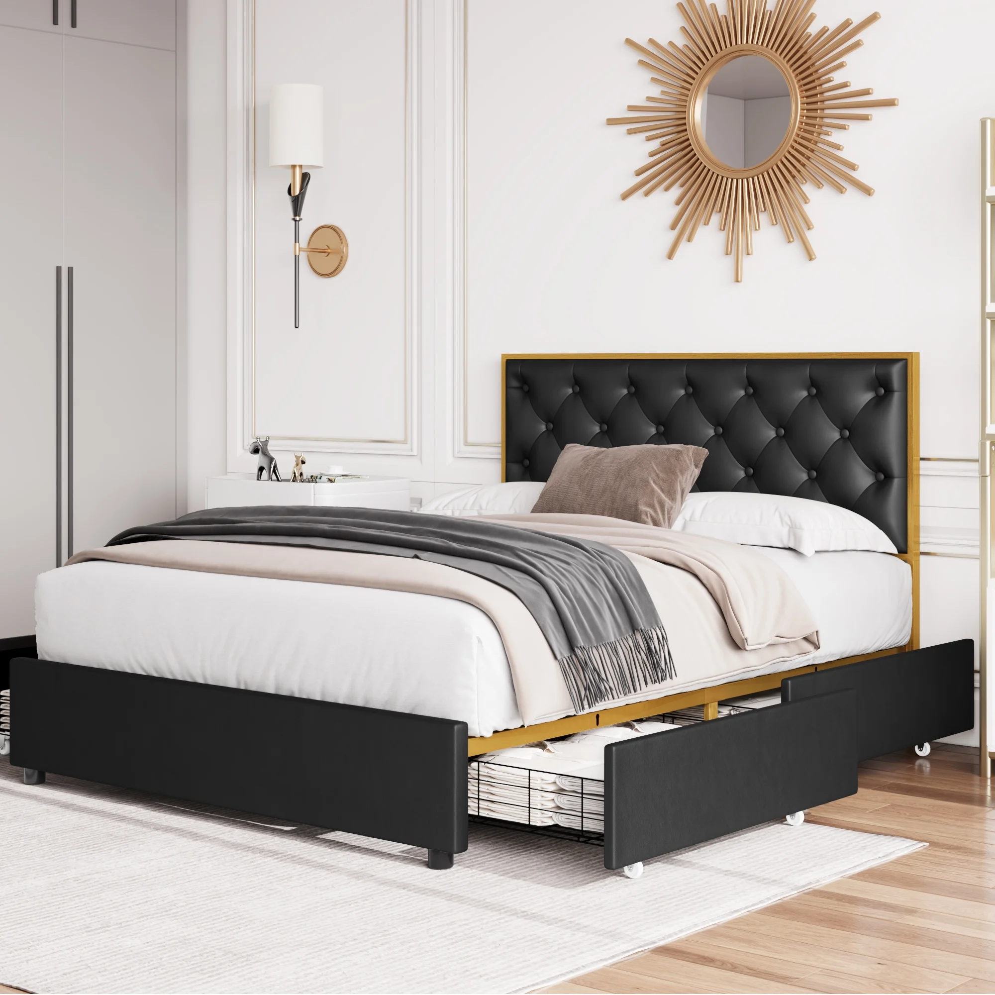 Homfa Full Storage Bed Frame with 4 Drawers, Faux Leather Upholstered Button Tufted Low Profile Platform Bed, Mattress Foundation, Black